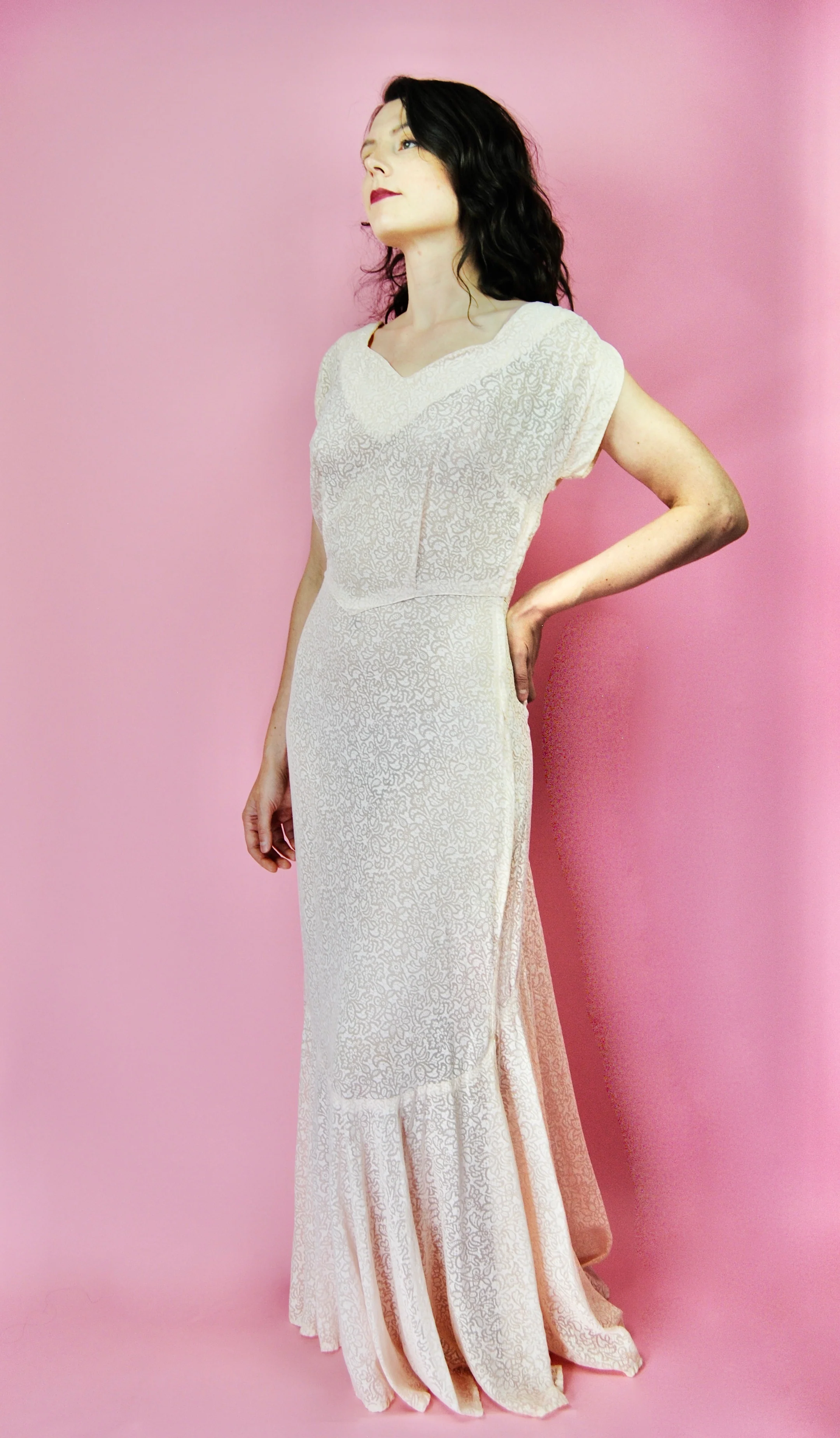 30s Pale Pink Sheer Patterned Lawn Dress Or Gown - Image 5