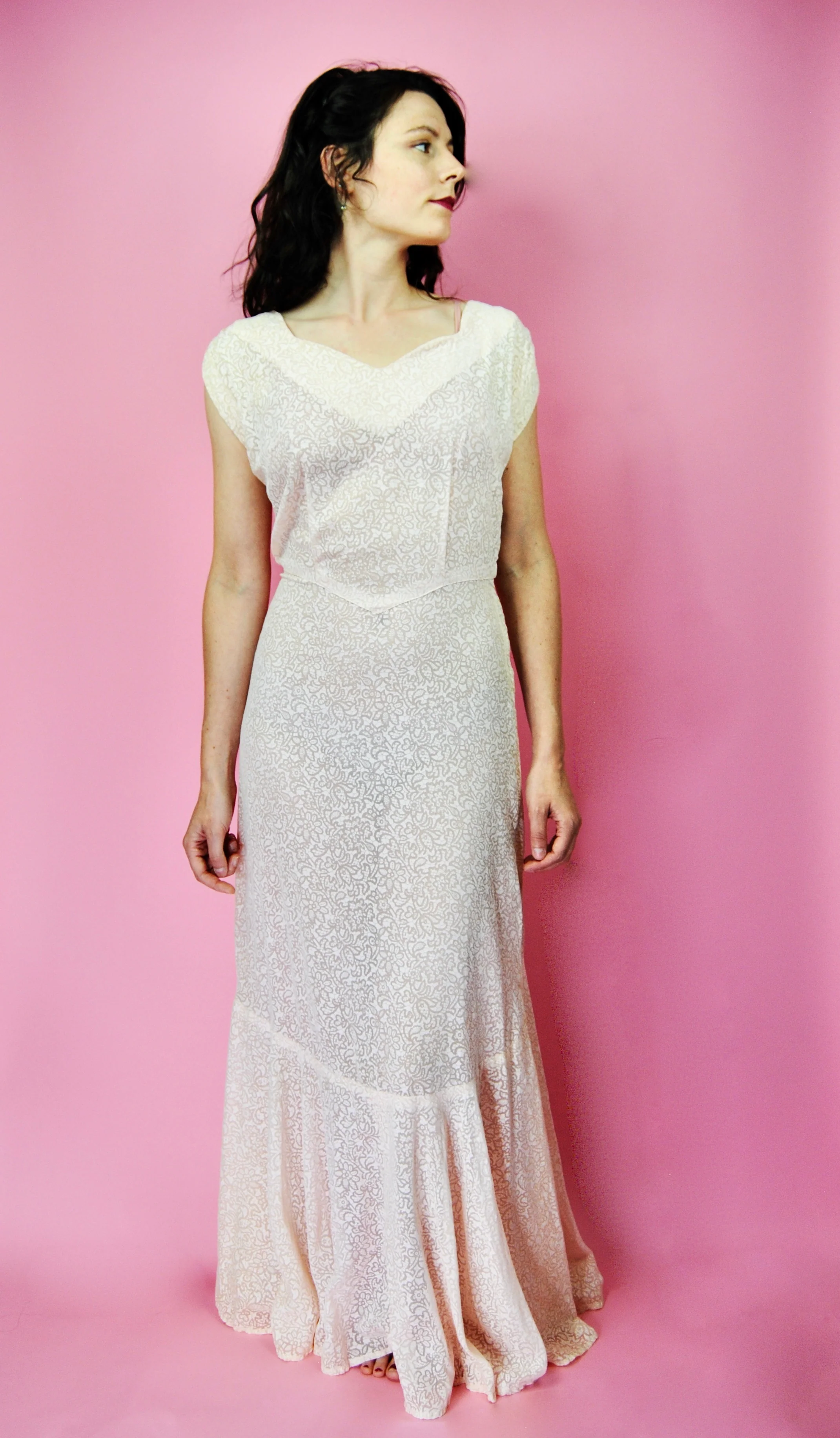 30s Pale Pink Sheer Patterned Lawn Dress Or Gown - Image 6