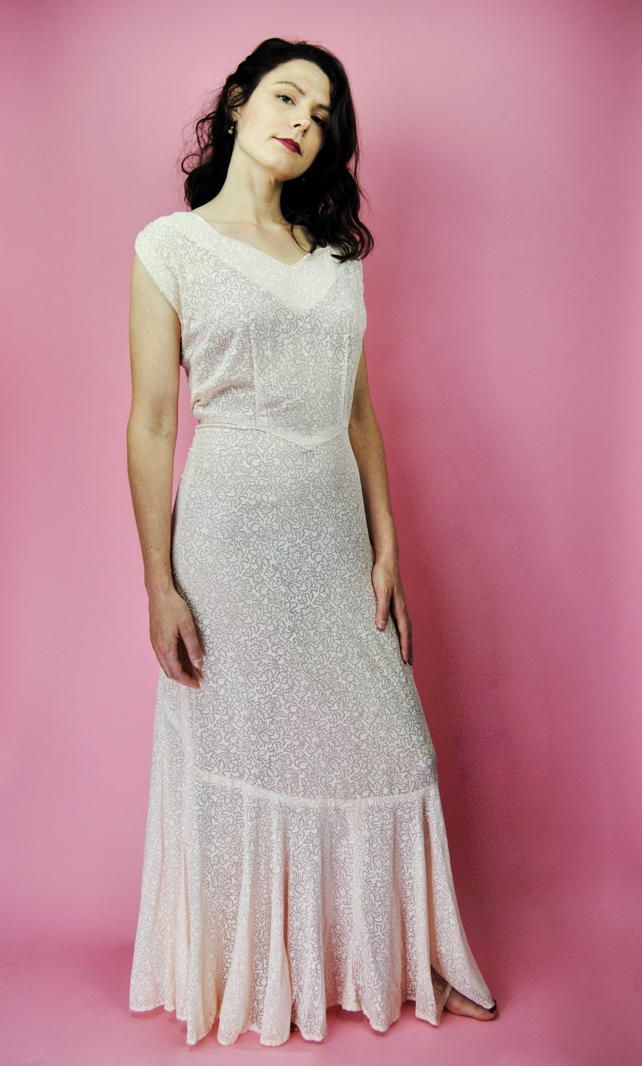 30s Pale Pink Sheer Patterned Lawn Dress Or Gown - Image 8