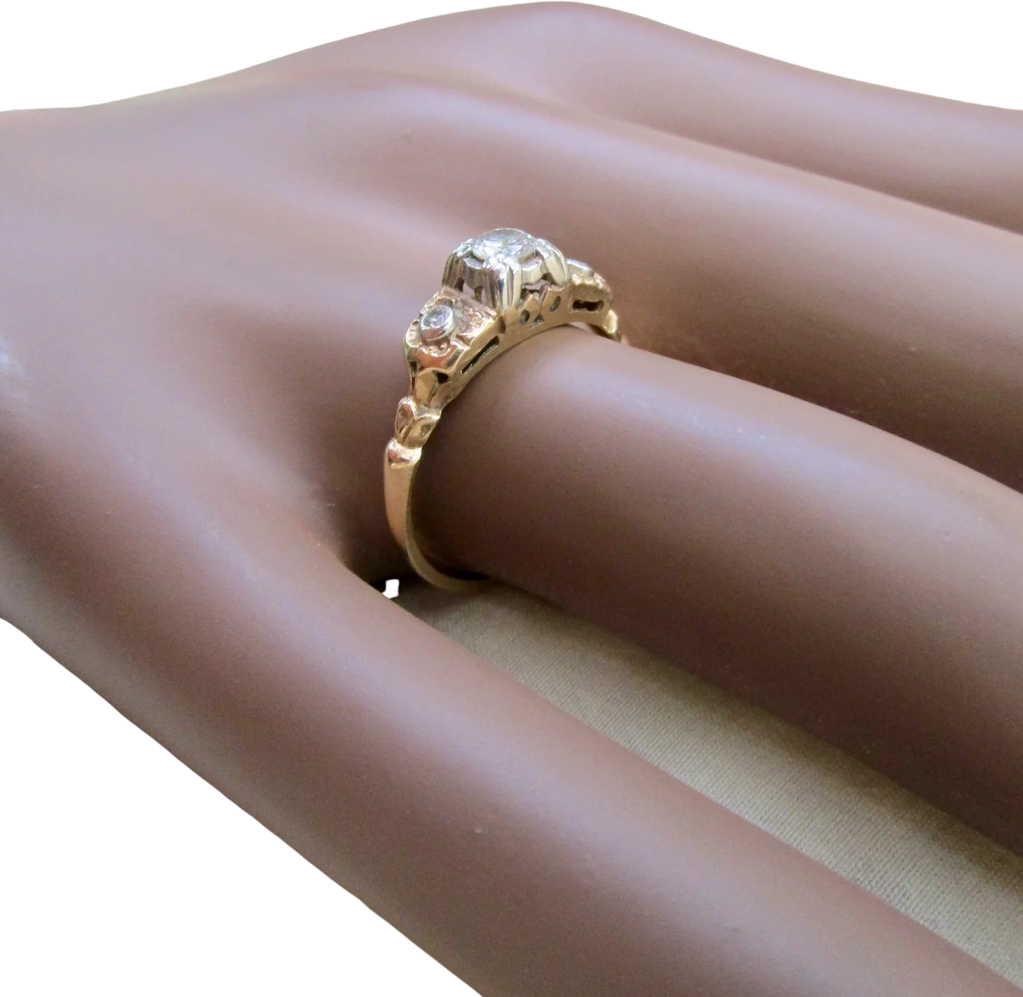 30s/40s Three-diamond Ring Two-tone 14k Gold Antique Style - Image 2