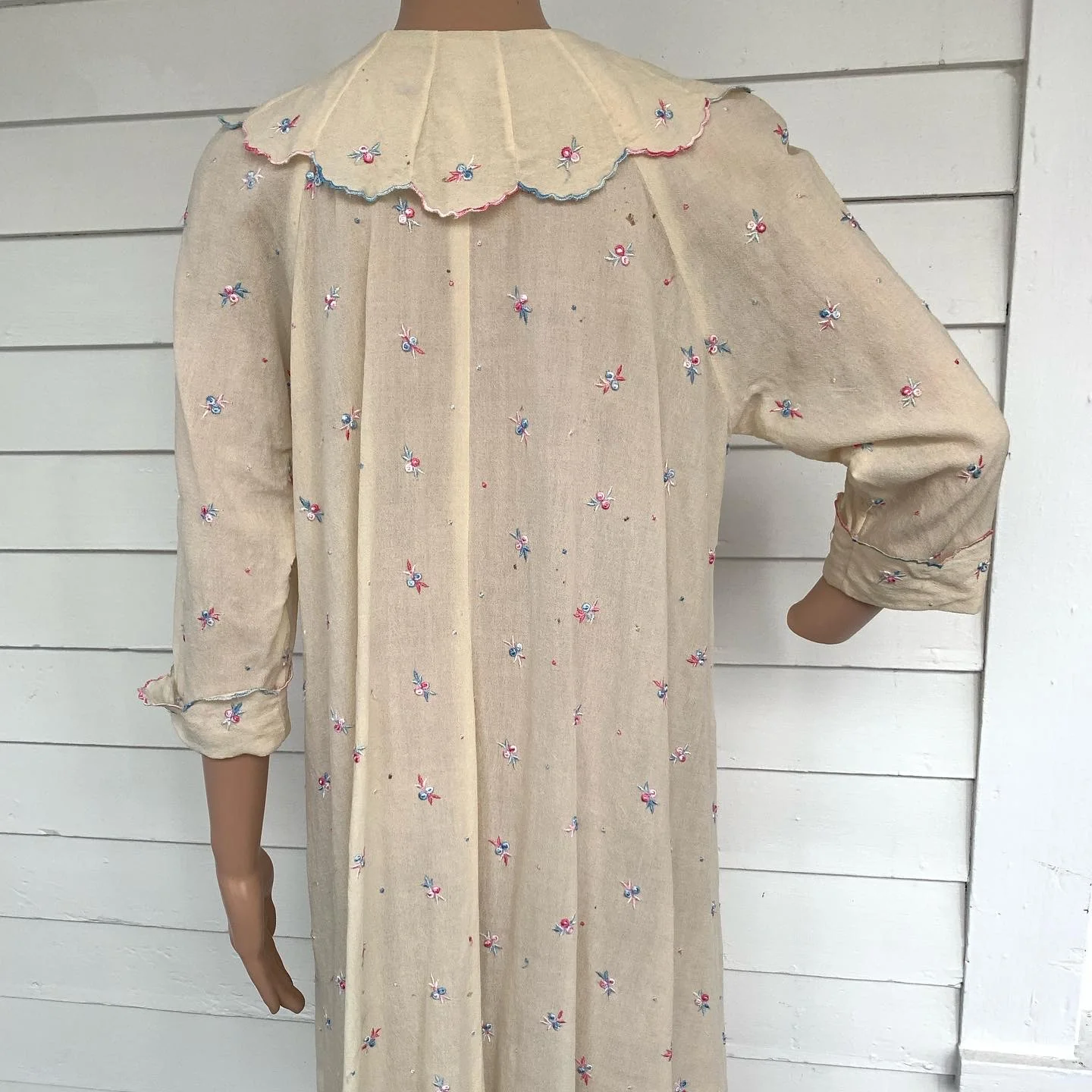 30s Antique Embroidery Sheer Robe Ivory Gown S - Image 4