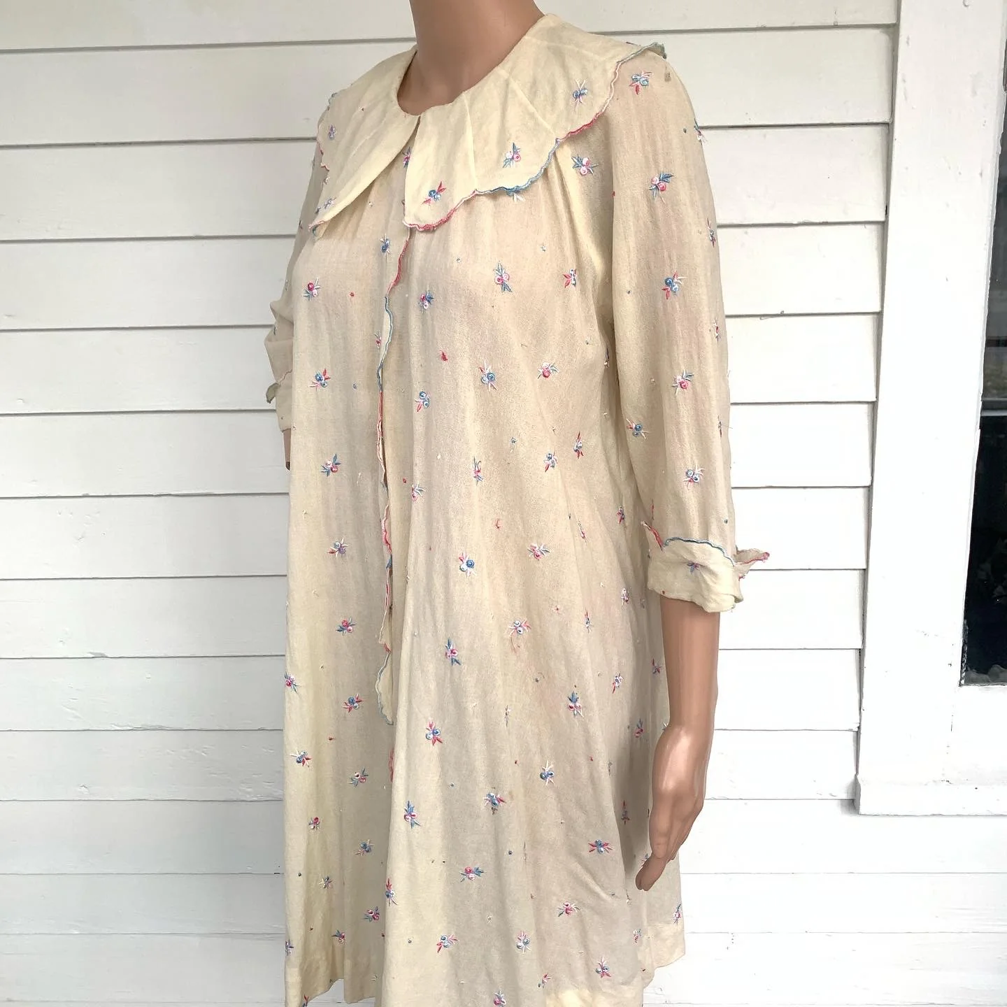 30s Antique Embroidery Sheer Robe Ivory Gown S - Image 5