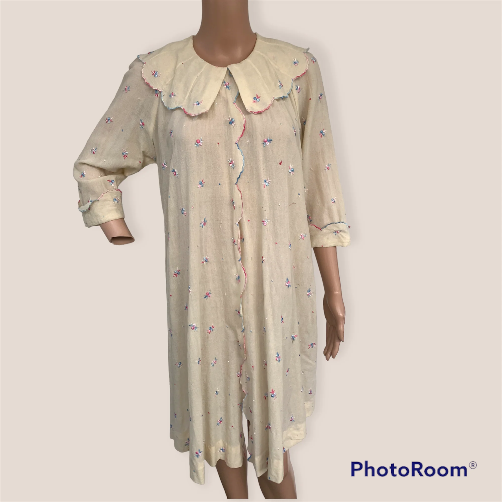 30s Antique Embroidery Sheer Robe Ivory Gown S - Image 6