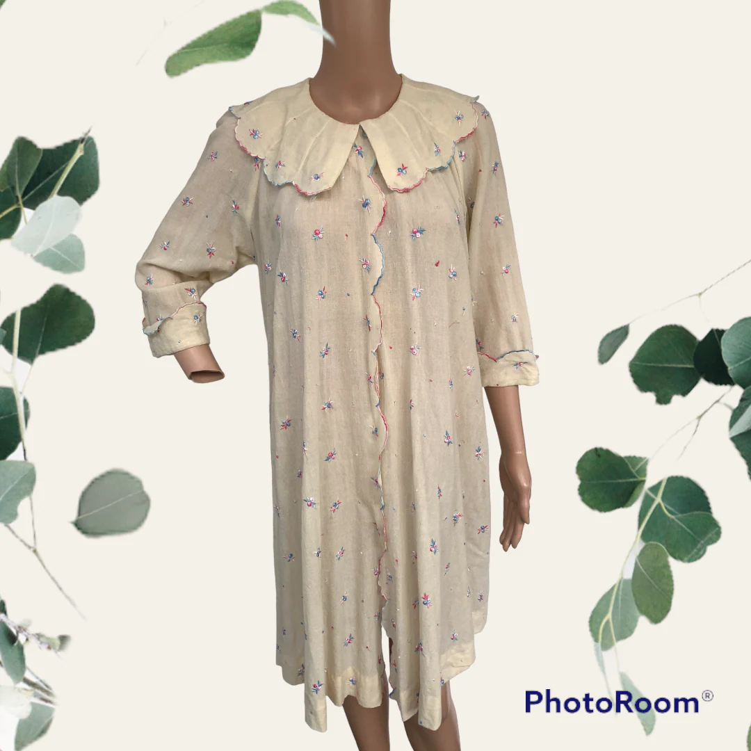 30s Antique Embroidery Sheer Robe Ivory Gown S - Image 7