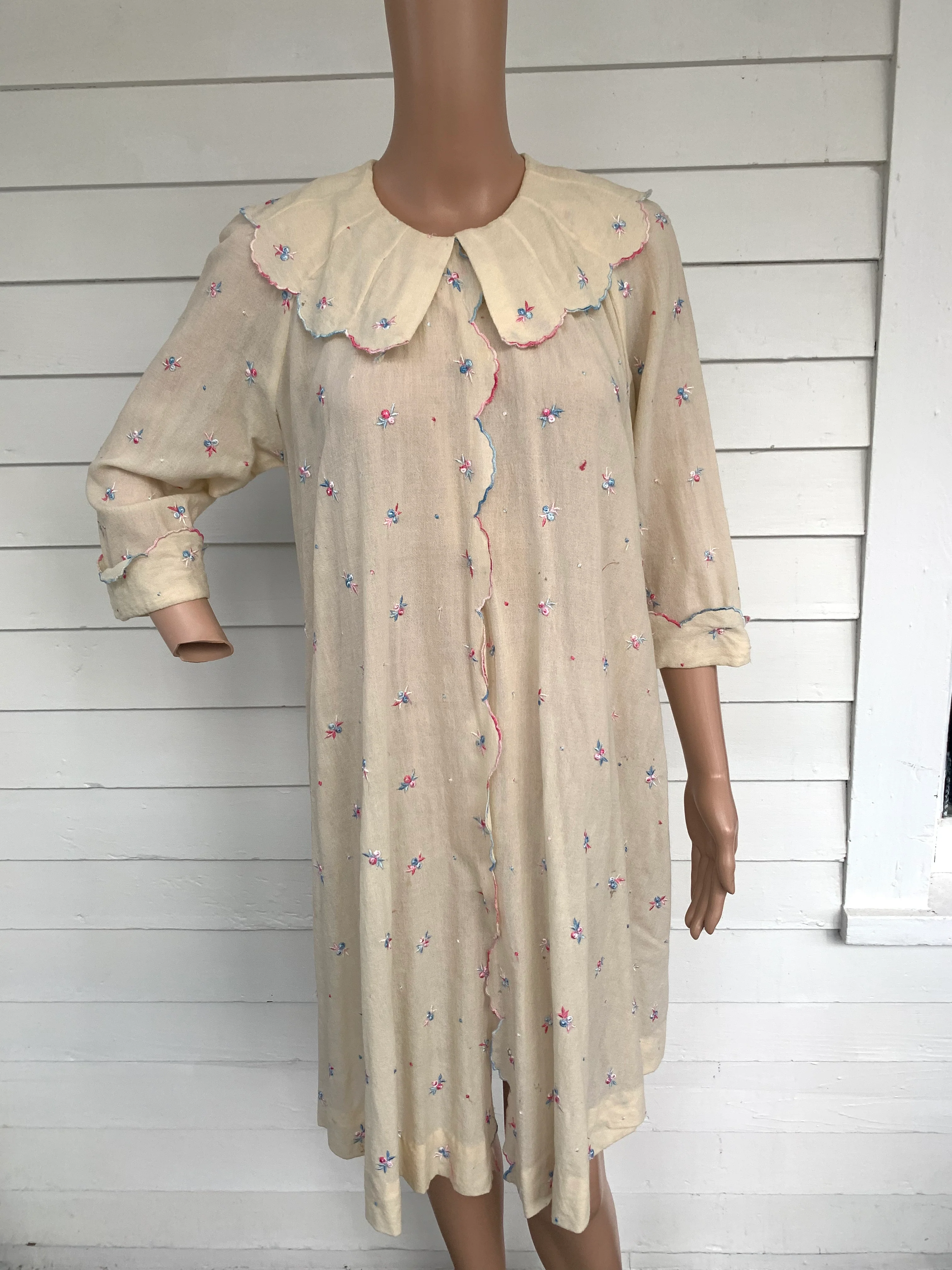 30s Antique Embroidery Sheer Robe Ivory Gown S - Image 8