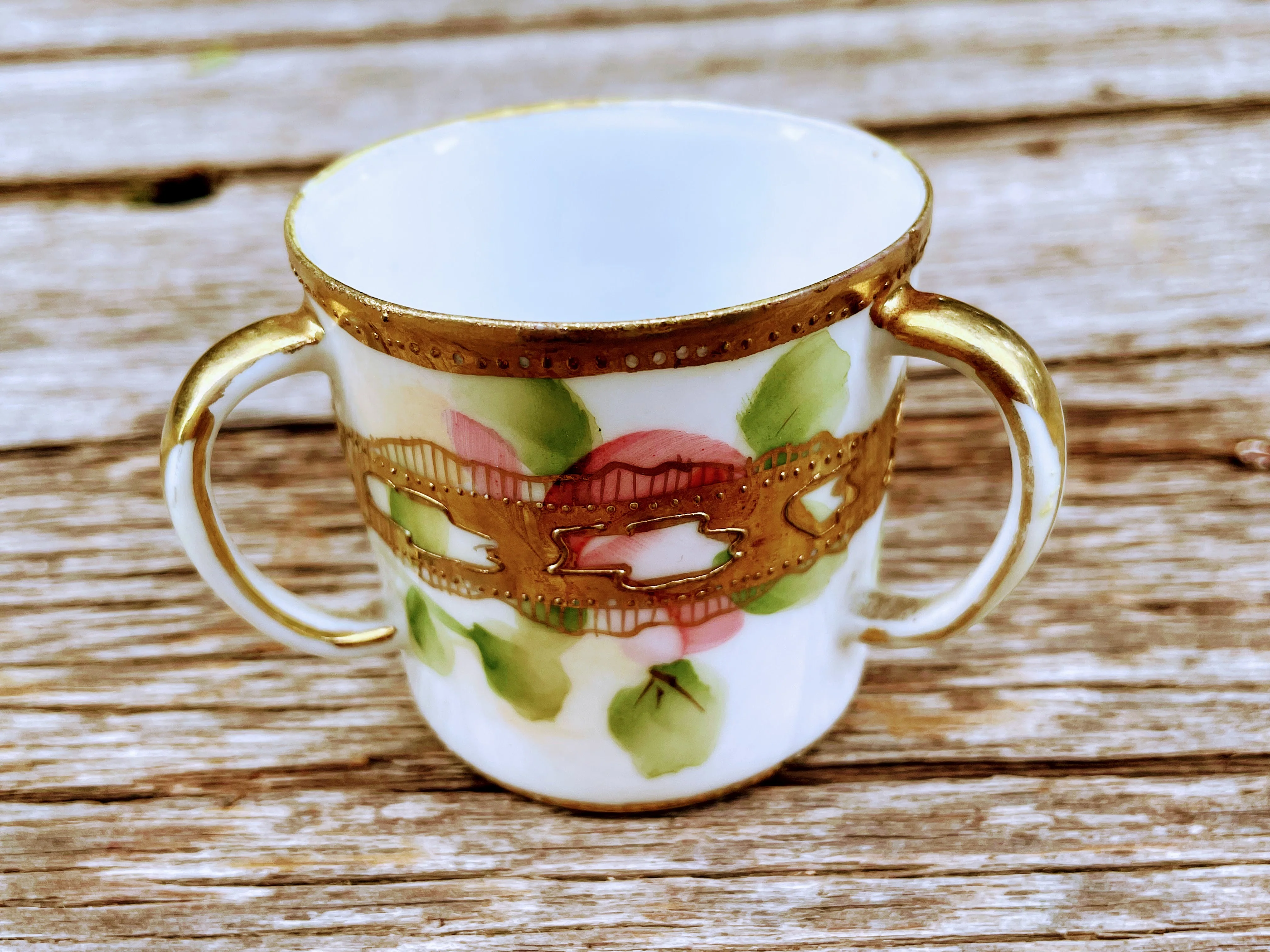 30s Antique Hand Painted Roses 3 Handle Loving Cup By Nippon - Image 10
