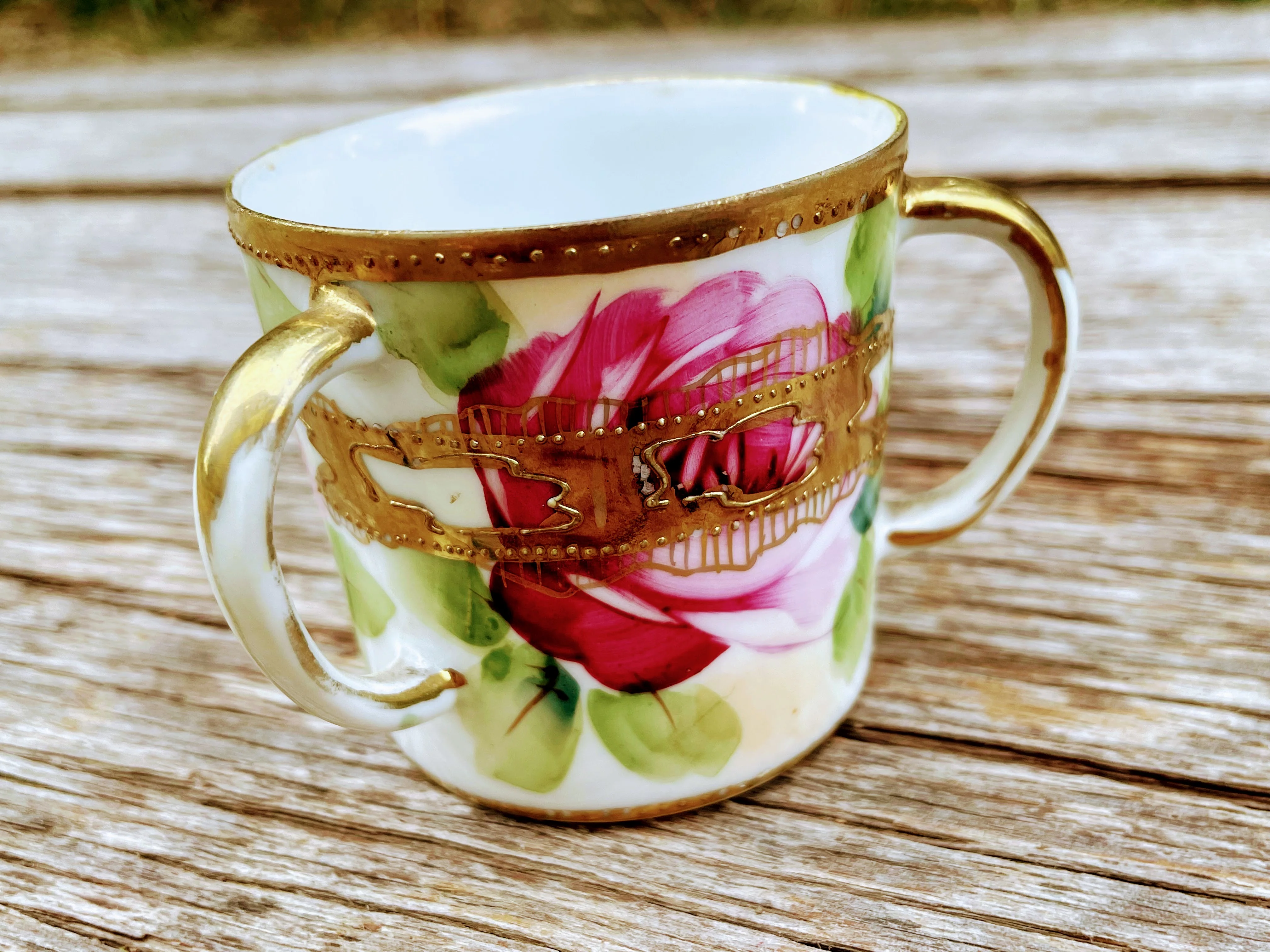 30s Antique Hand Painted Roses 3 Handle Loving Cup By Nippon - Image 11