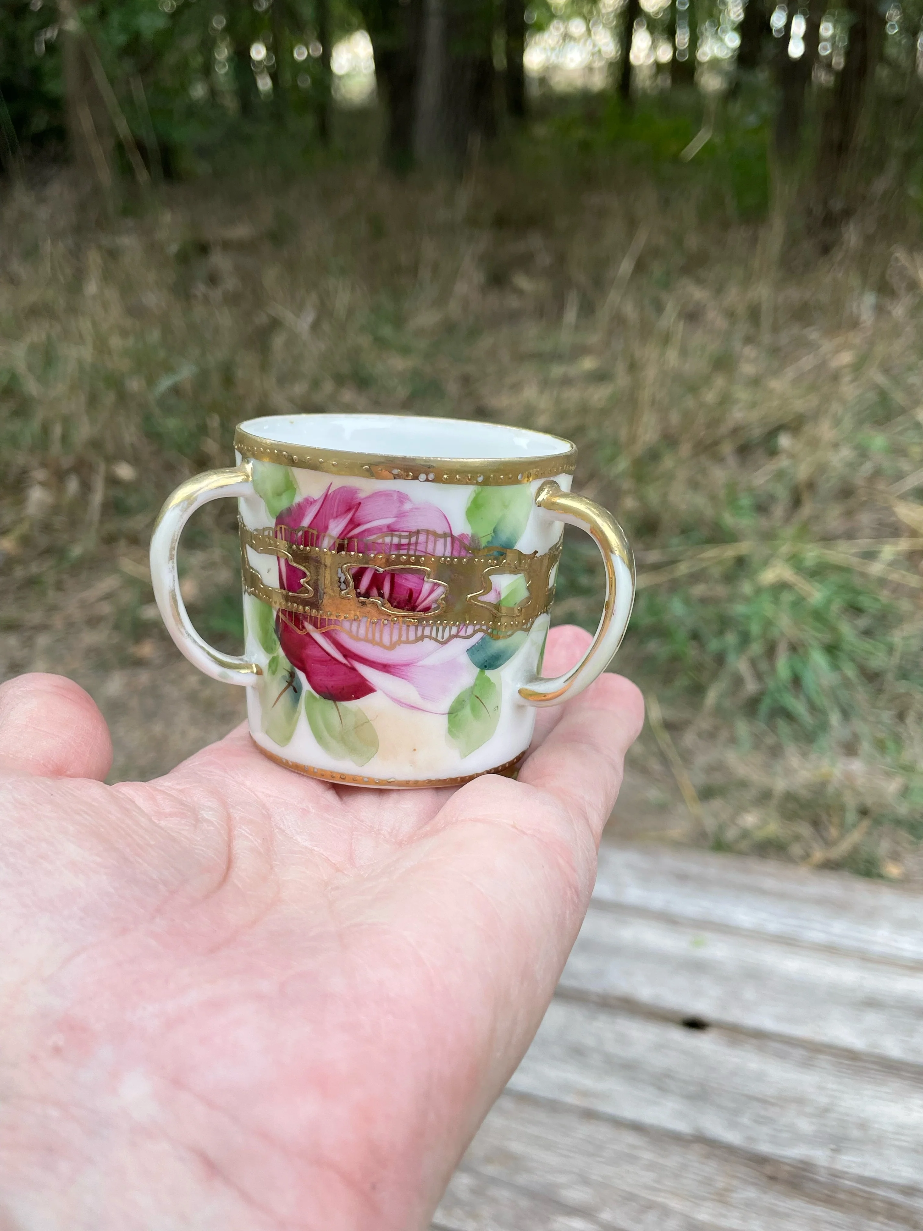 30s Antique Hand Painted Roses 3 Handle Loving Cup By Nippon - Image 12