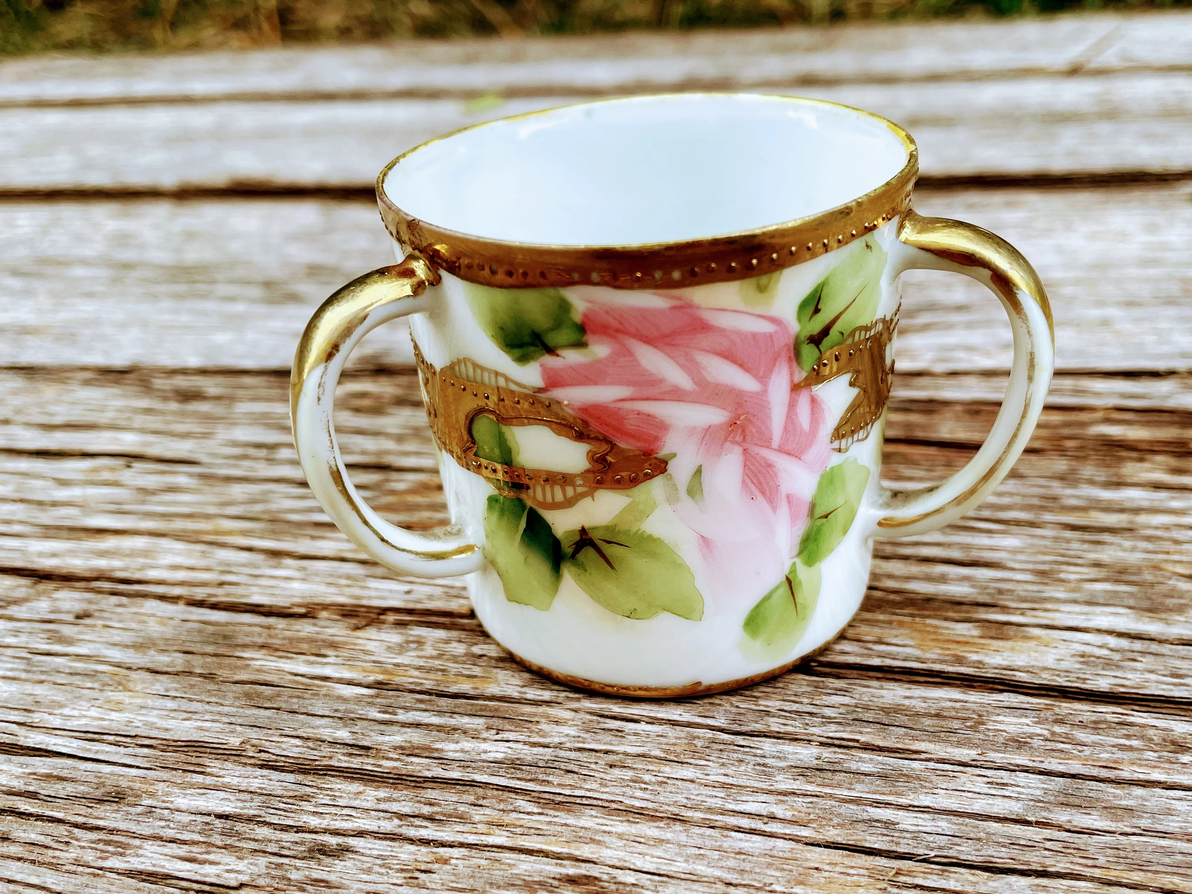 30s Antique Hand Painted Roses 3 Handle Loving Cup By Nippon - Image 4