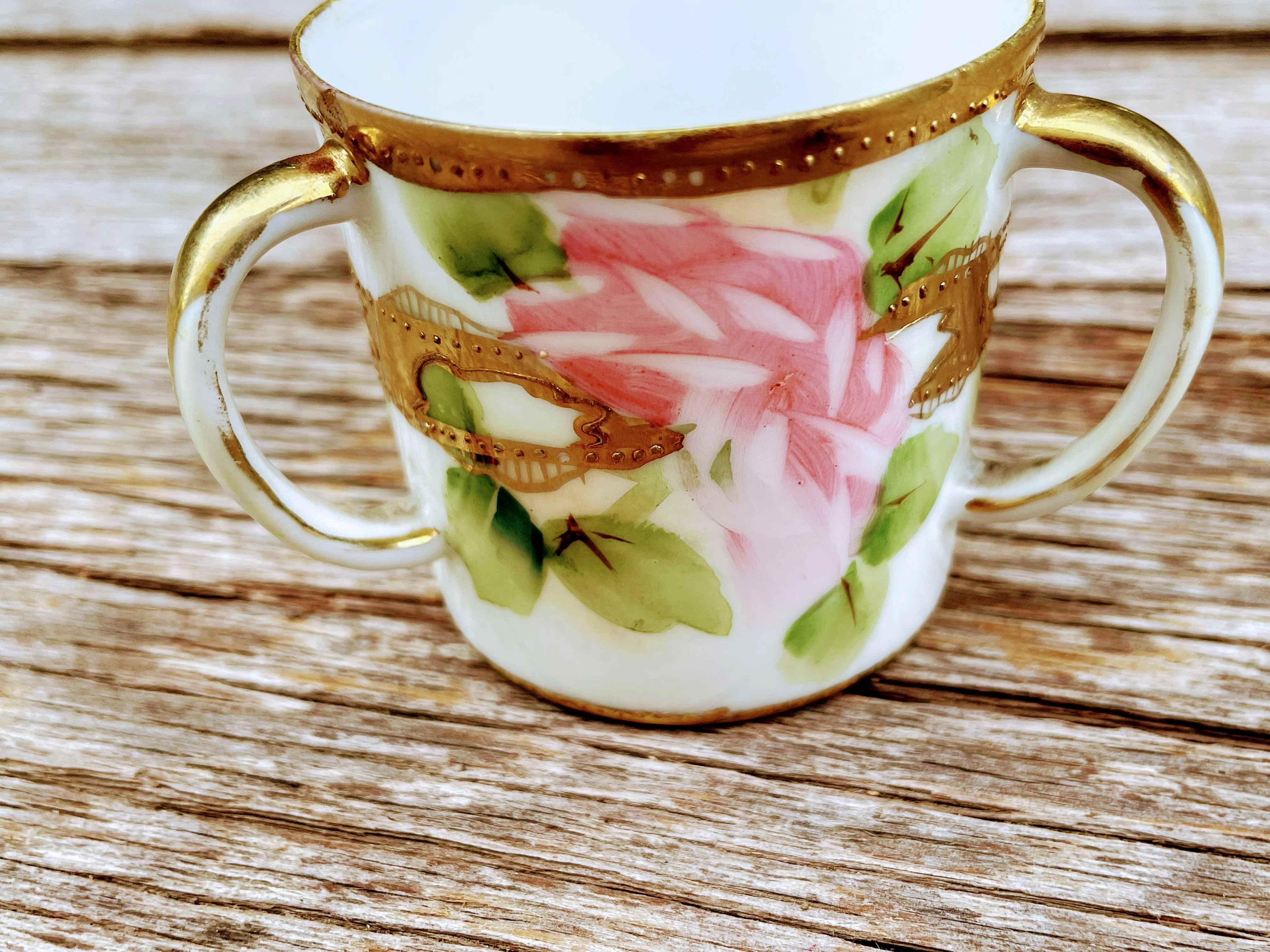 30s Antique Hand Painted Roses 3 Handle Loving Cup By Nippon - Image 5