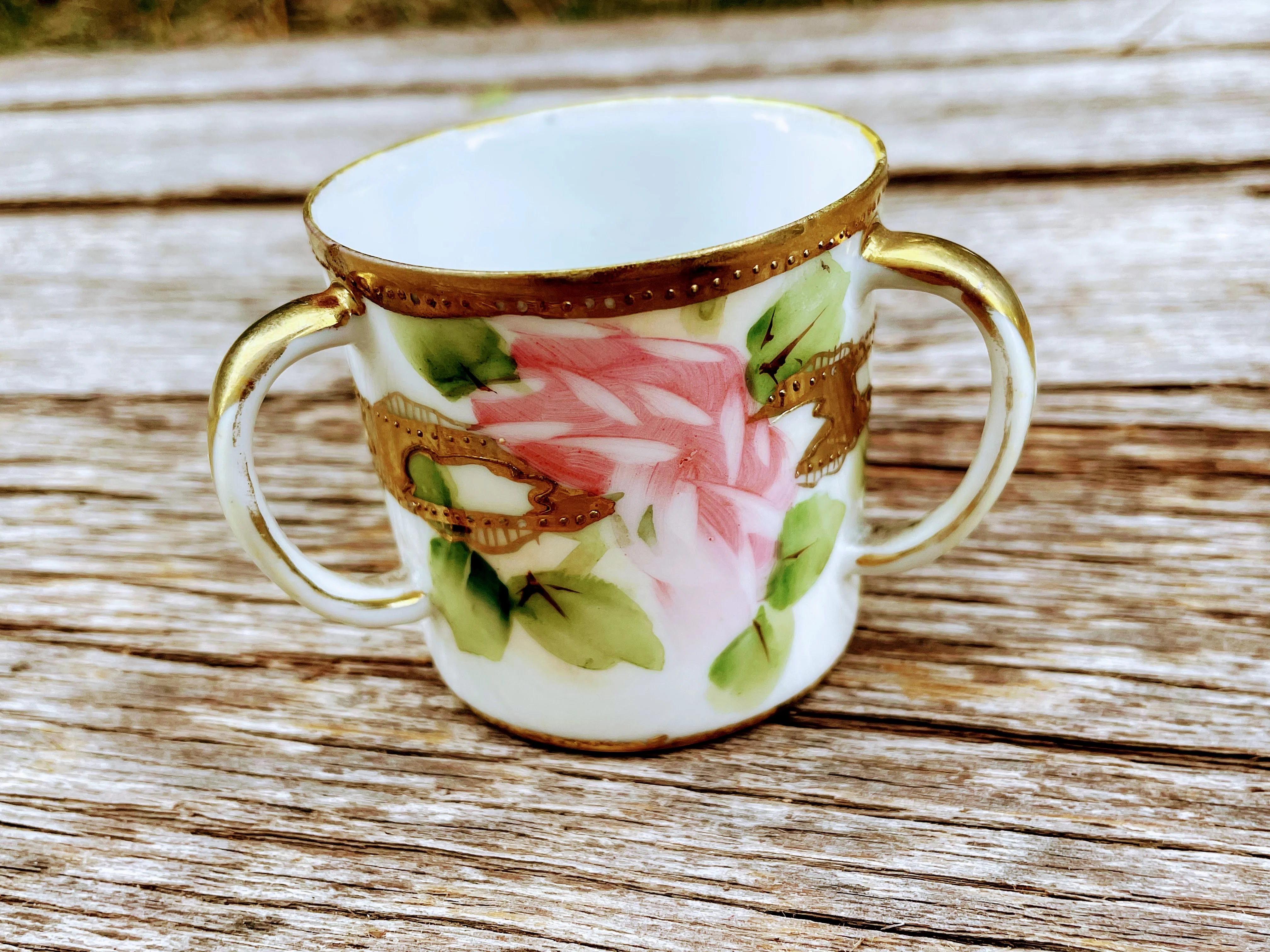 30s Antique Hand Painted Roses 3 Handle Loving Cup By Nippon - Image 6