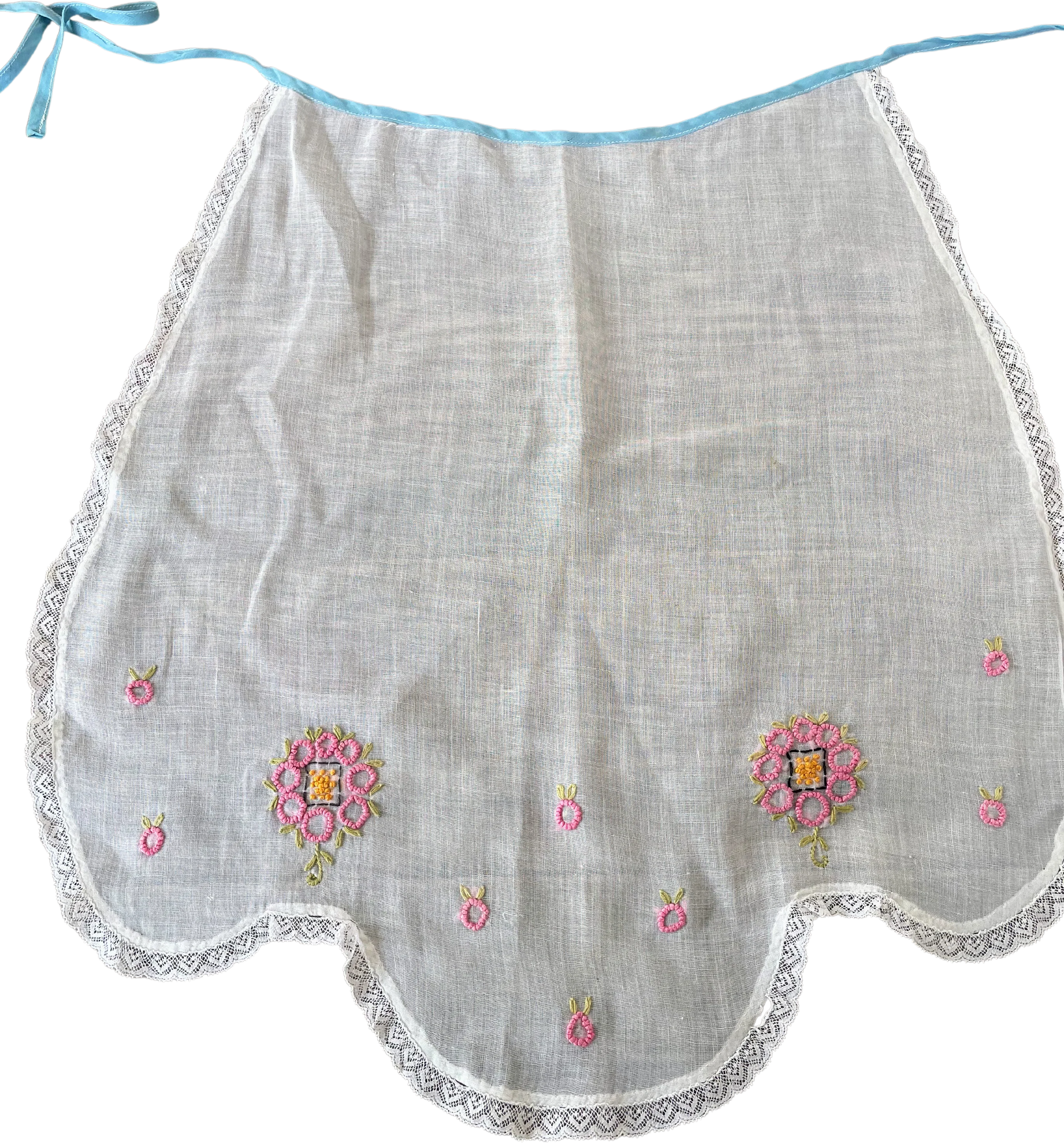 30s Art Deco Girls Apron Embroidery Flowers Lace Edge - Image 2
