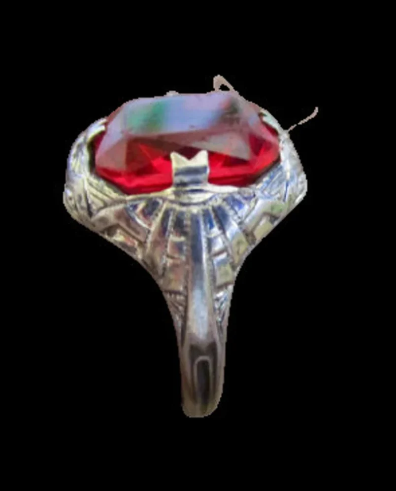 30s Art Deco Machine Age Ring With Red Glass Stone - Image 7