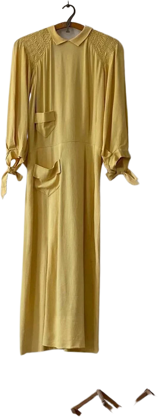 30s Art Deco Style Butter Yellow Collared Rayon Crepe Dress
