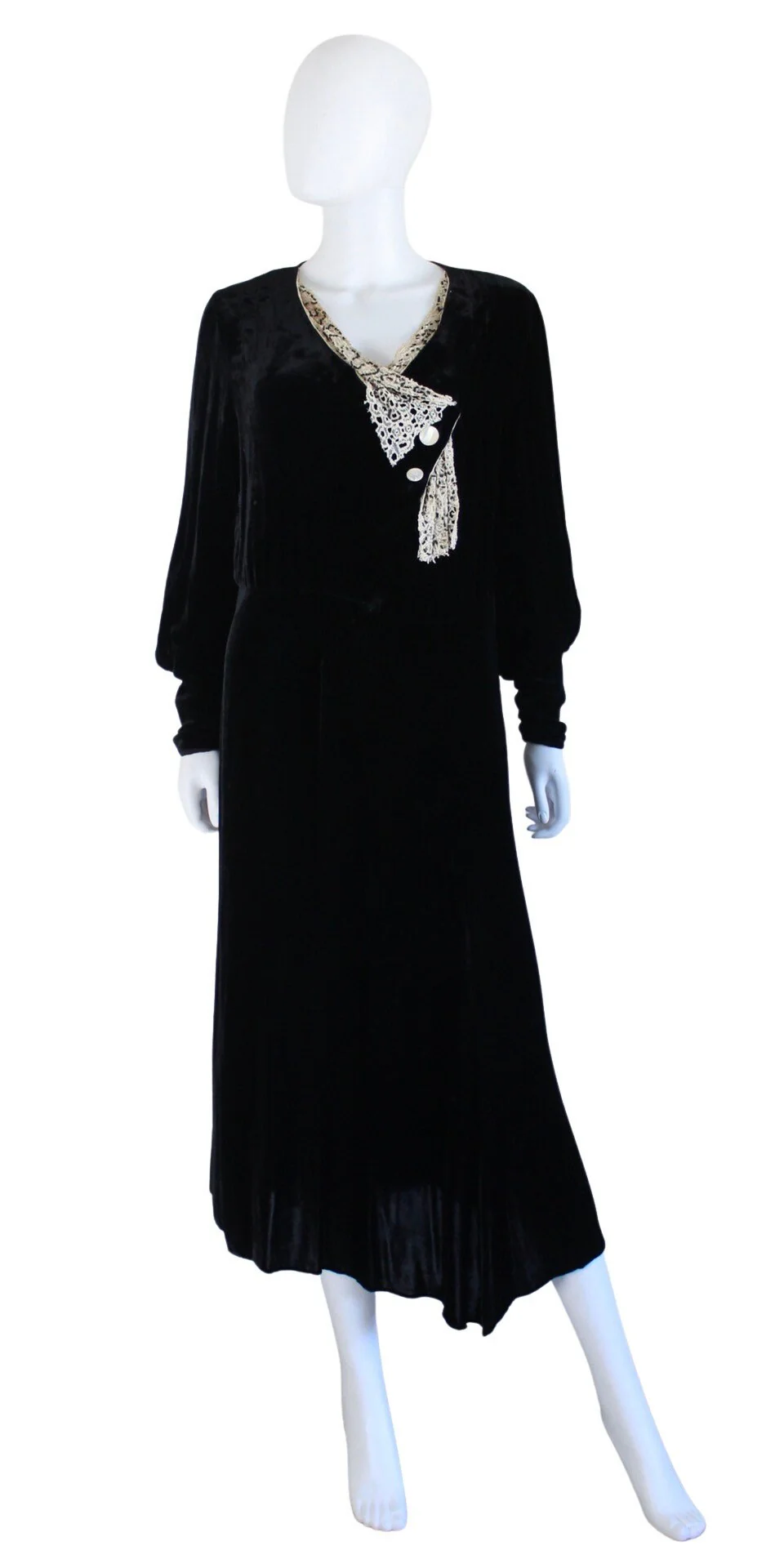 30s Black Velvet Dress with Juliet Sleeves and Lace Detail - Image 2