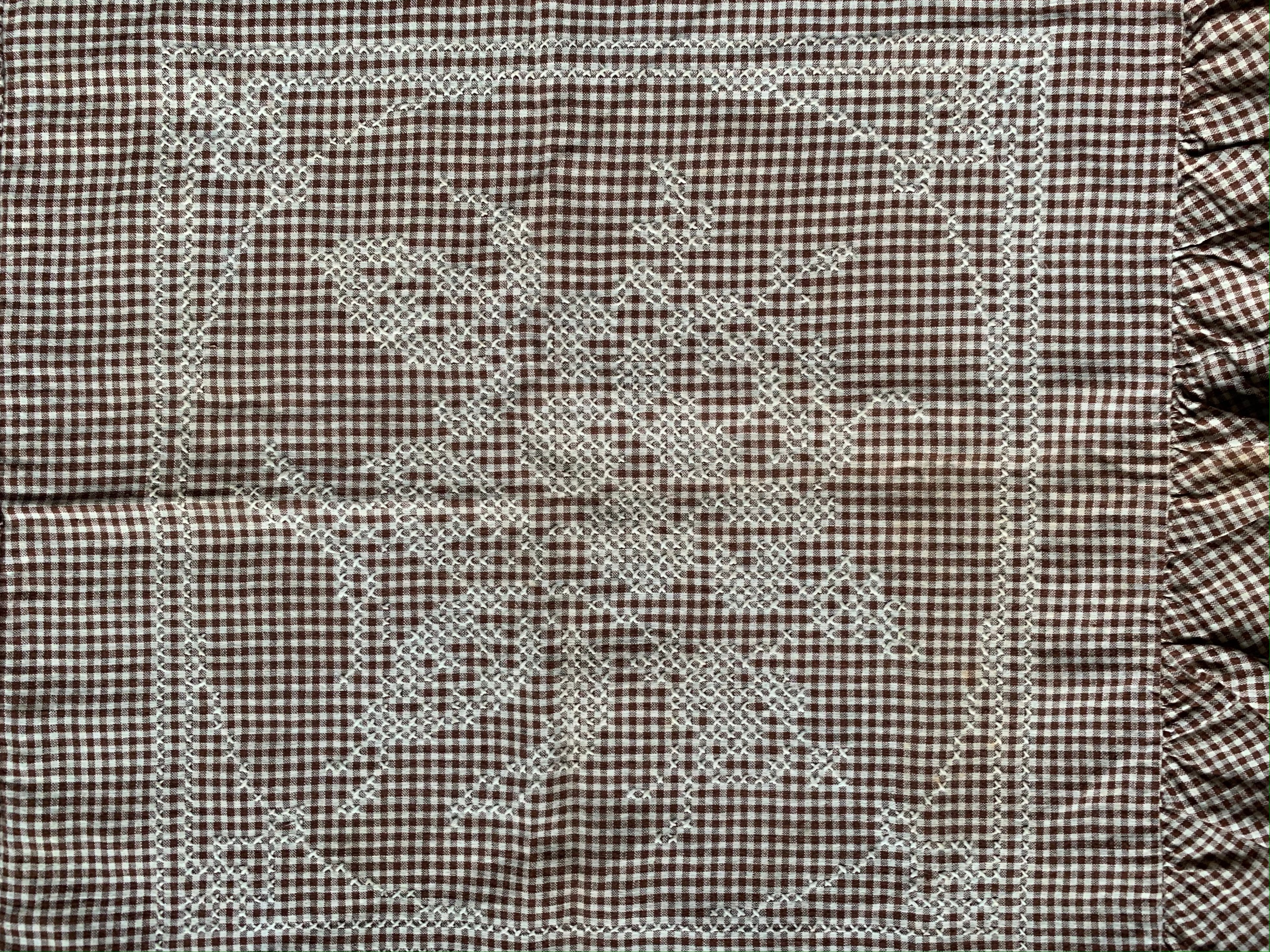 30s Brown And White Cotton Gingham Cross Stitch Pillow - Image 3