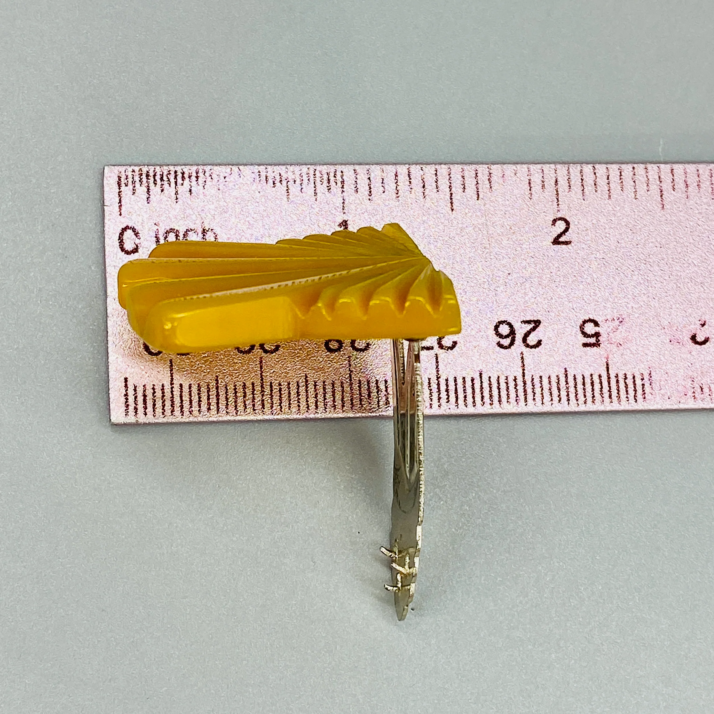 30s Butterscotch Bakelite Dress Clip Art Deco Pin - Image 12