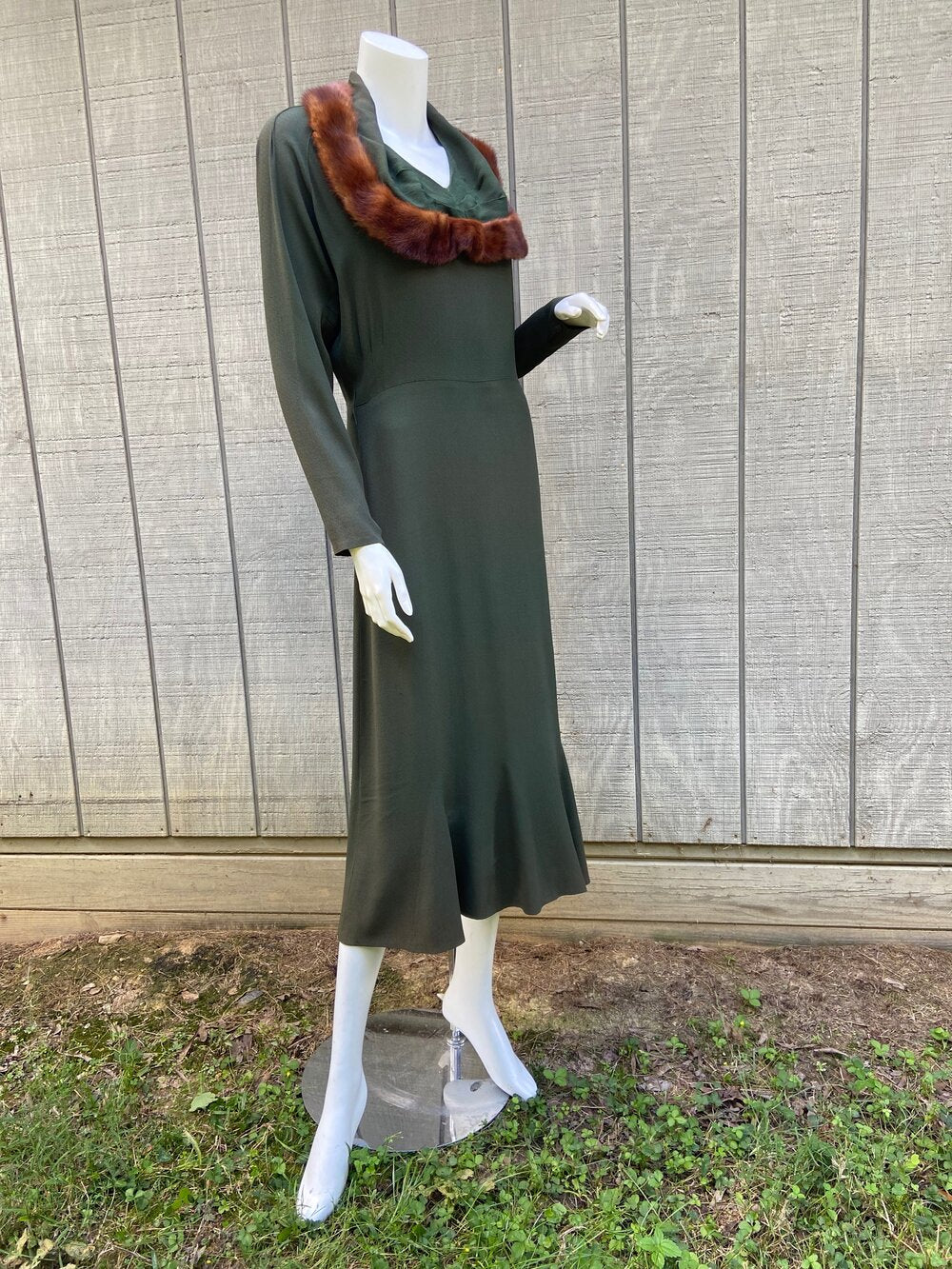 30s Dark Green Rayon Mink Trimmed Dress - Image 4