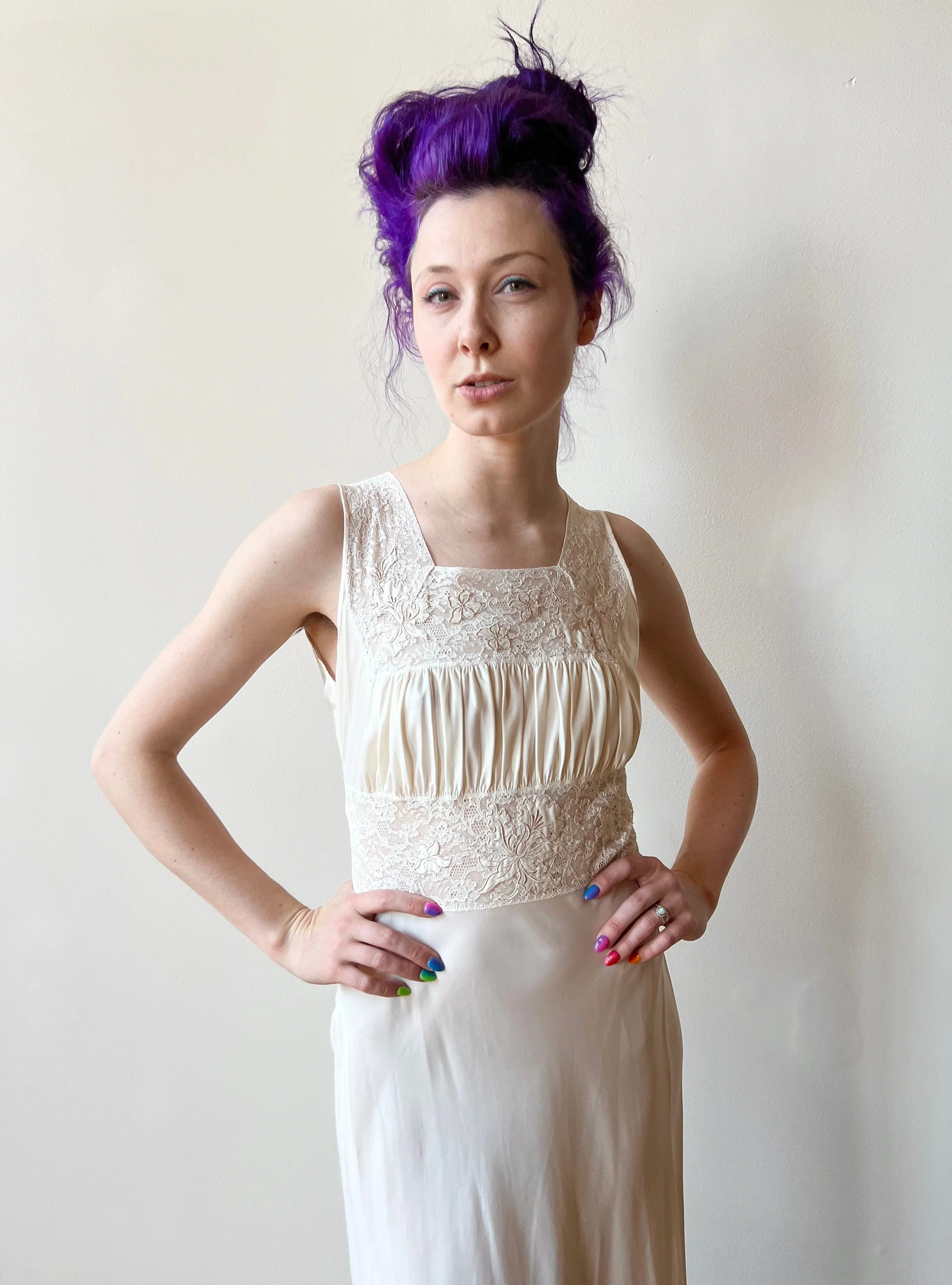 30s Floral Appliqué Cream Rayon Lace Bias Cut Slip Dress - Image 2