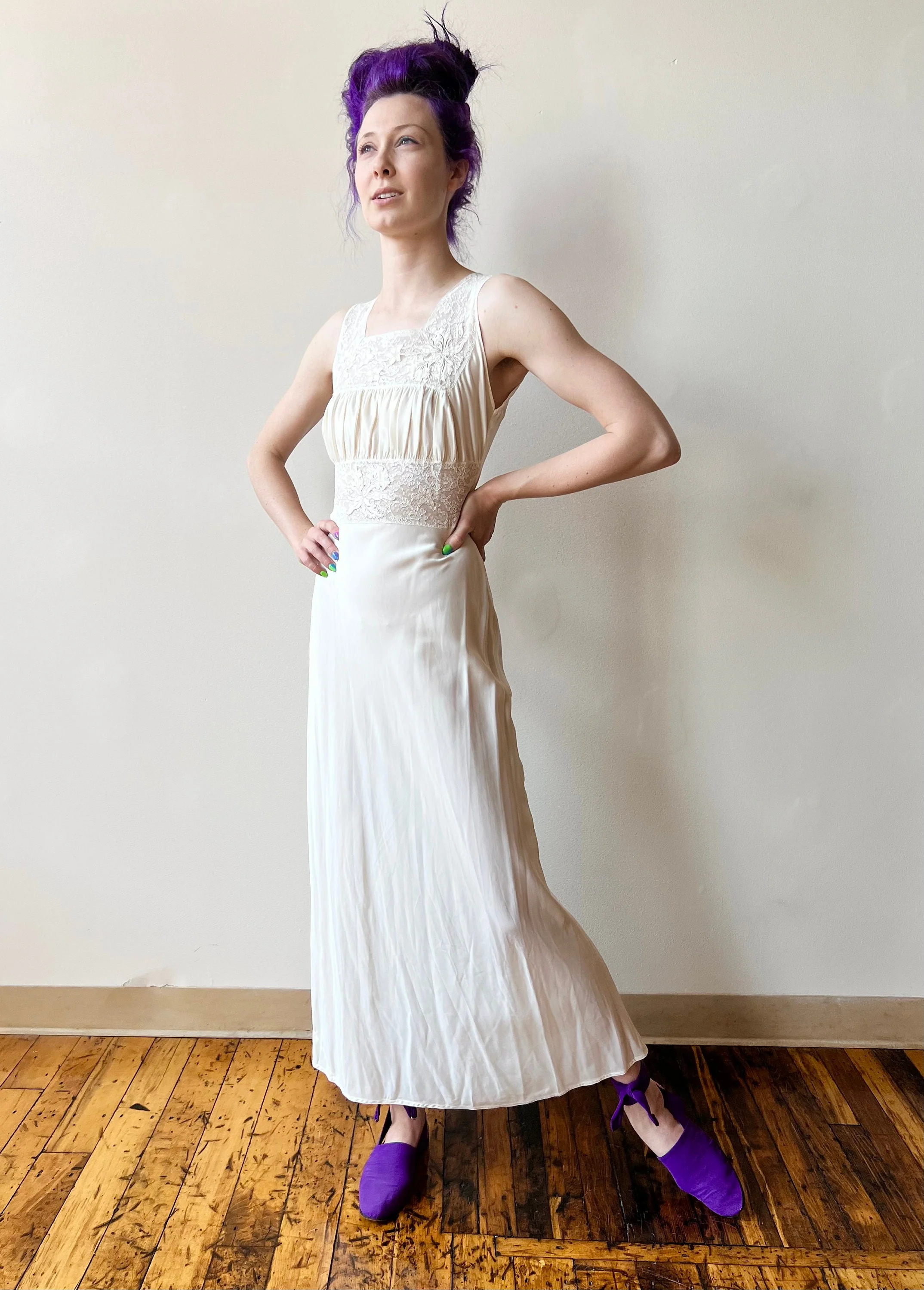 30s Floral Appliqué Cream Rayon Lace Bias Cut Slip Dress - Image 4