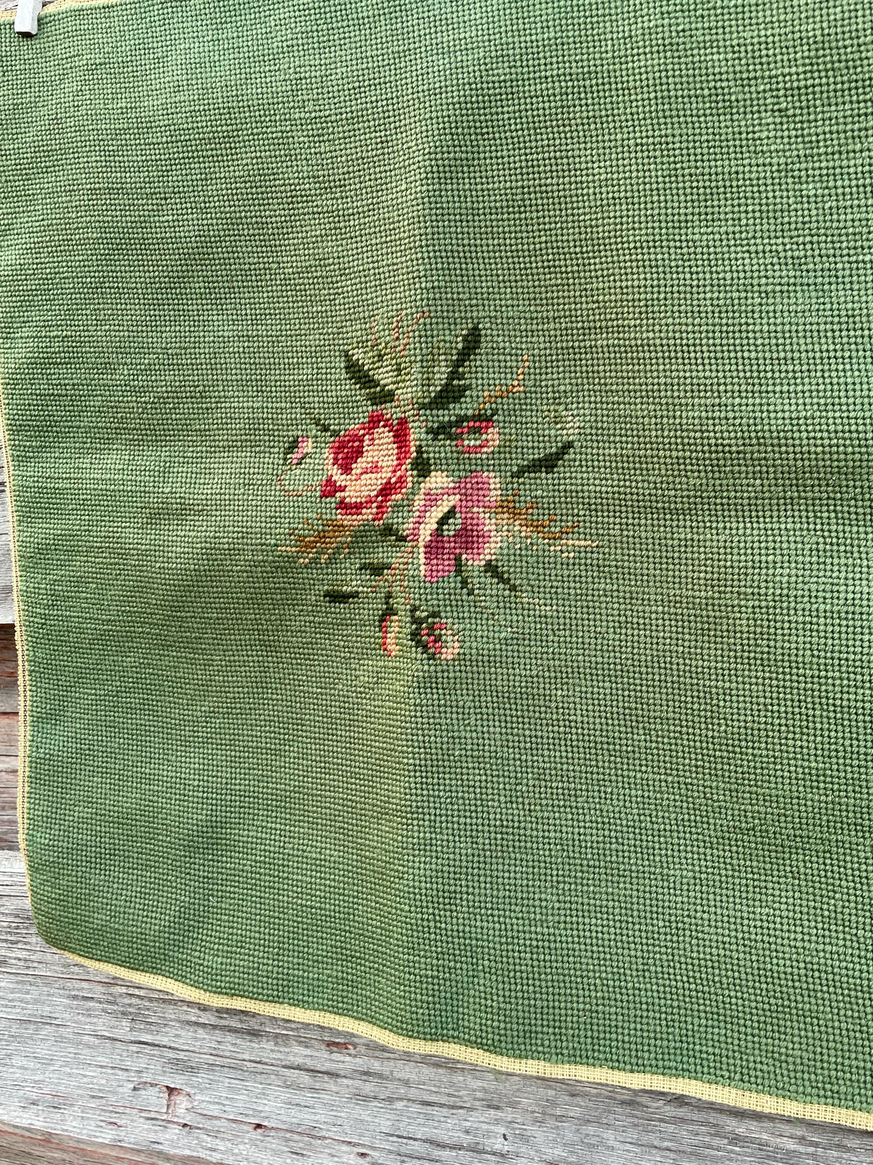 30s Green Wool Needlepoint Chair Cushion Cover Roses - Image 10