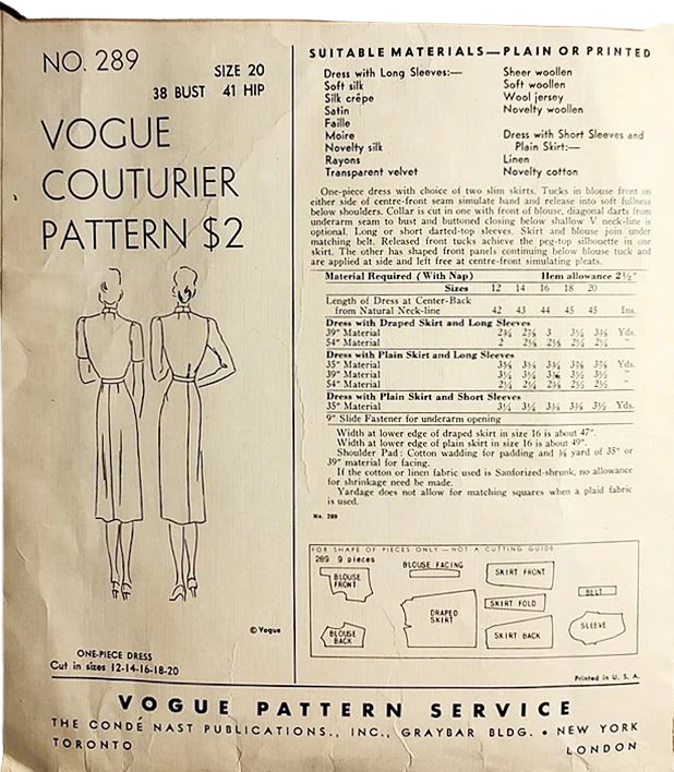 30s Late 30s Elegant Day Dress Pattern Unused #289 By Vogue Couturier Model - Image 2
