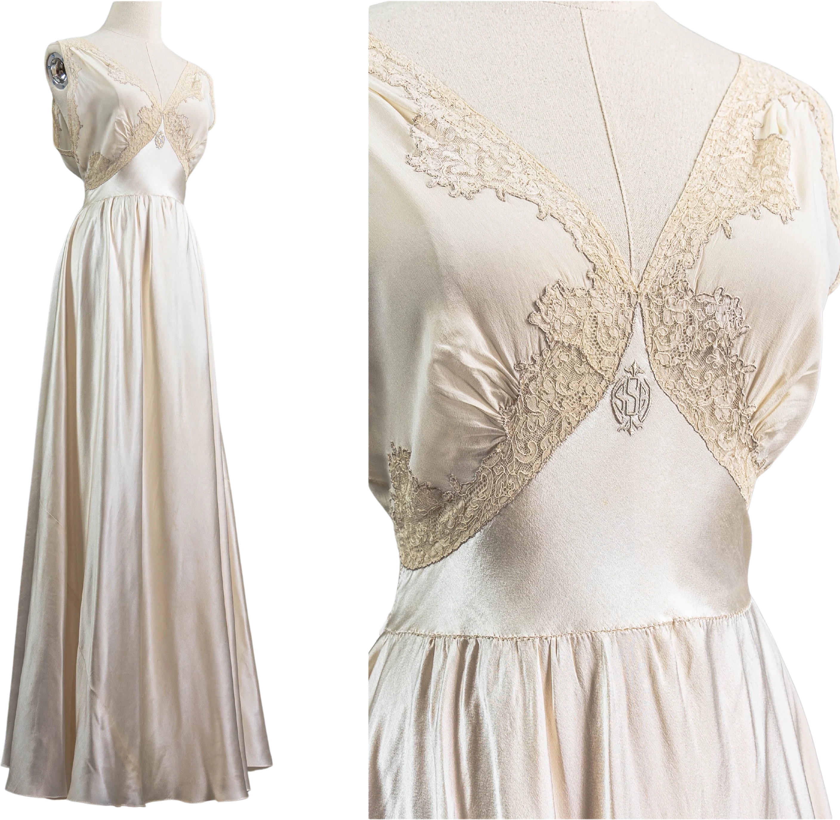 30s Luxurious White Silk And Lace Nightgown Sheer Top