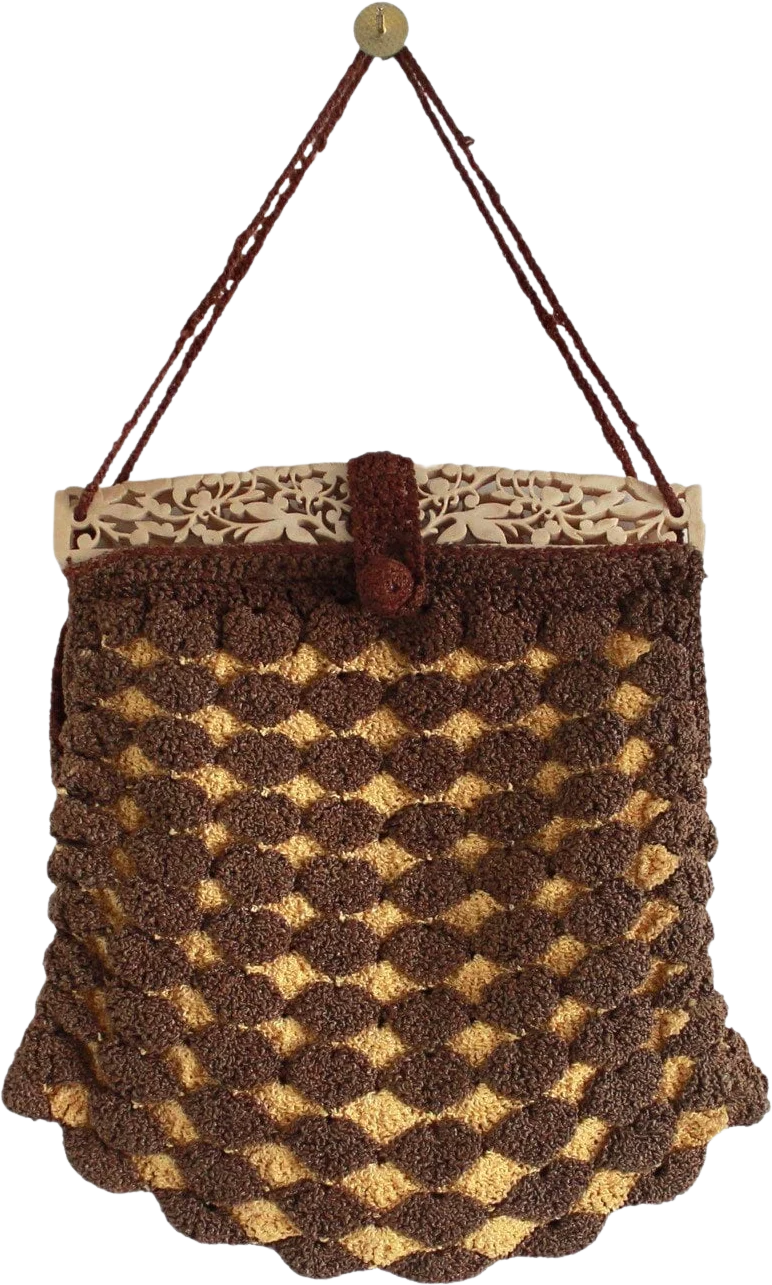 30s Mustard Yellow and Brown Crocheted with Carved Celluloid Frame Deco Purse