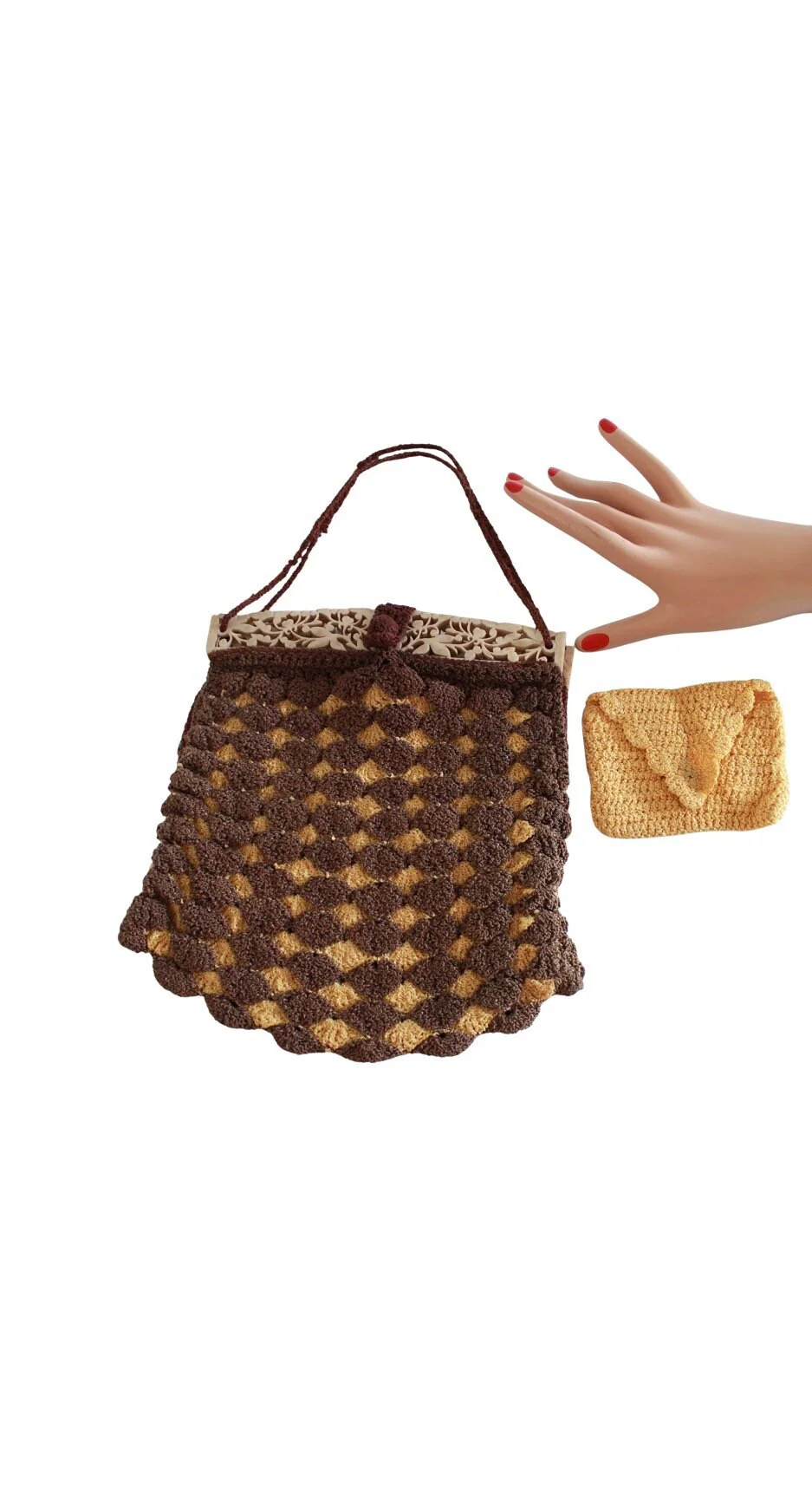 30s Mustard Yellow and Brown Crocheted with Carved Celluloid Frame Deco Purse - Image 2