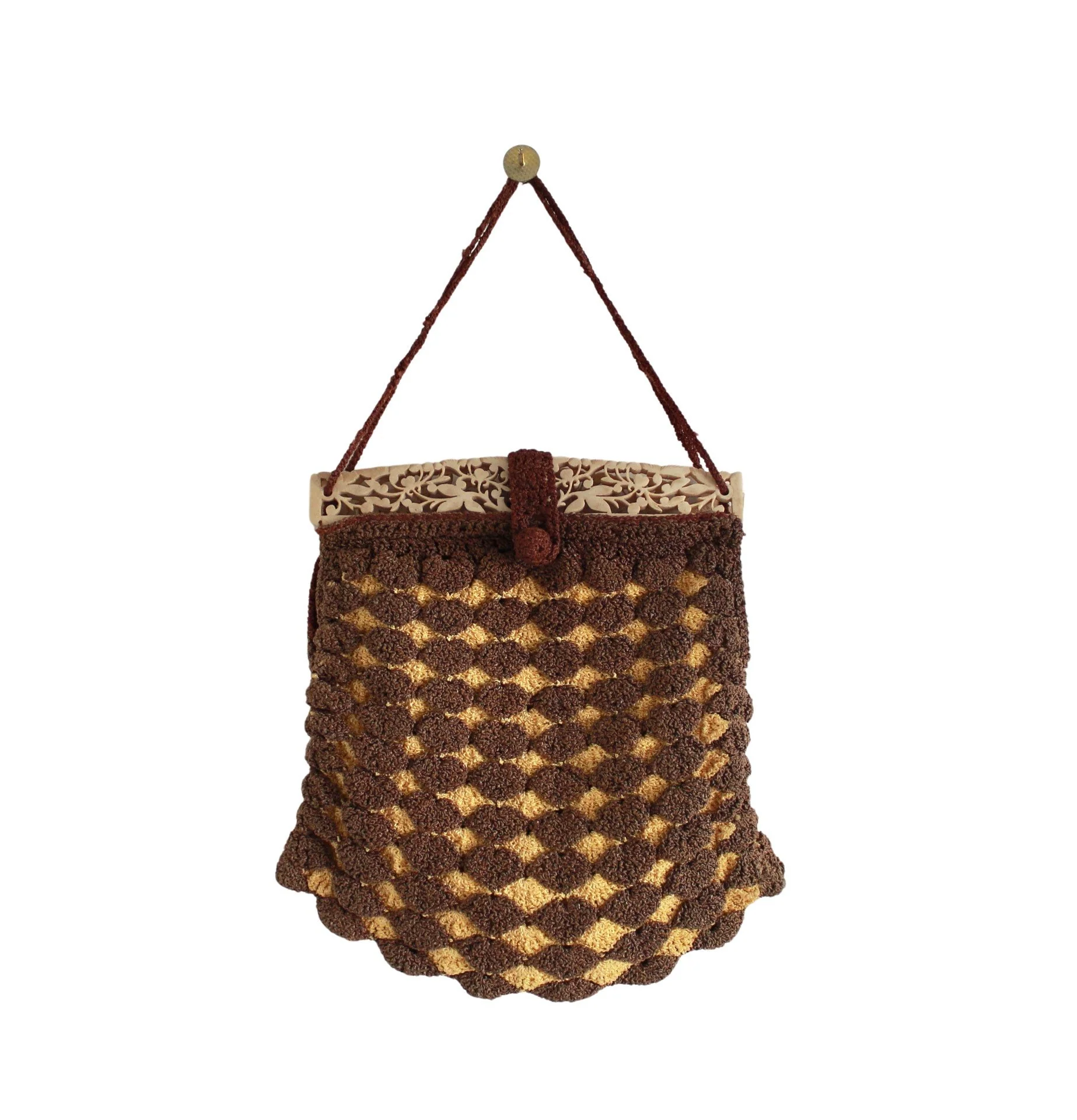 30s Mustard Yellow and Brown Crocheted with Carved Celluloid Frame Deco Purse - Image 5