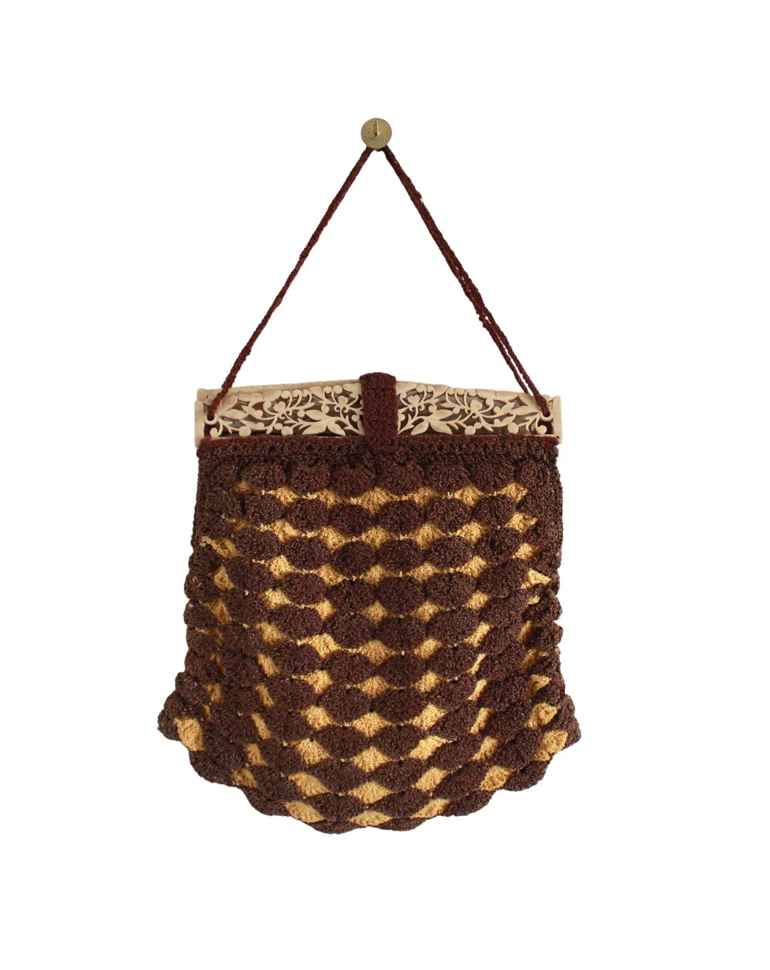 30s Mustard Yellow and Brown Crocheted with Carved Celluloid Frame Deco Purse - Image 7