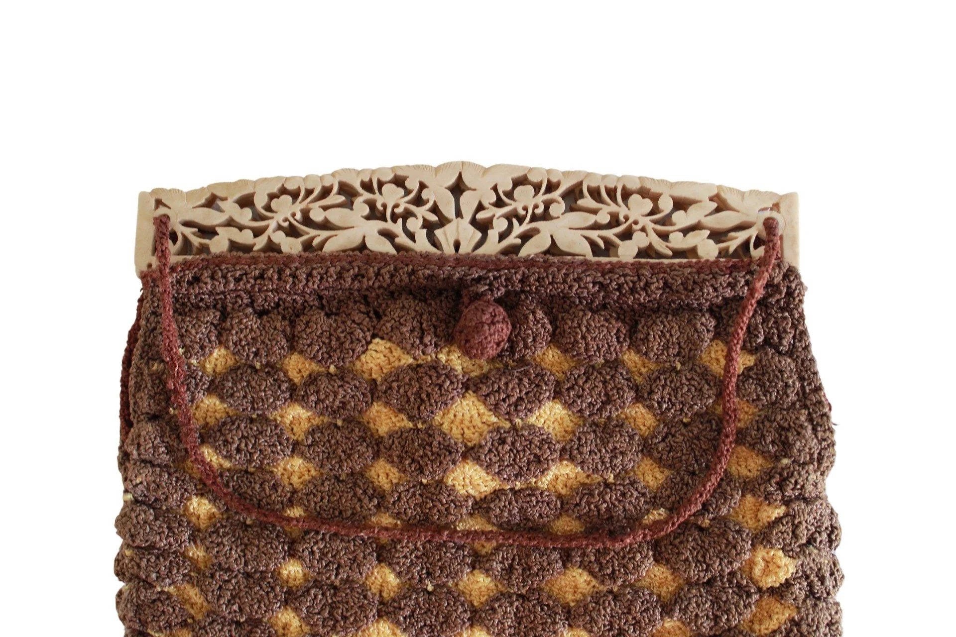 30s Mustard Yellow and Brown Crocheted with Carved Celluloid Frame Deco Purse - Image 9