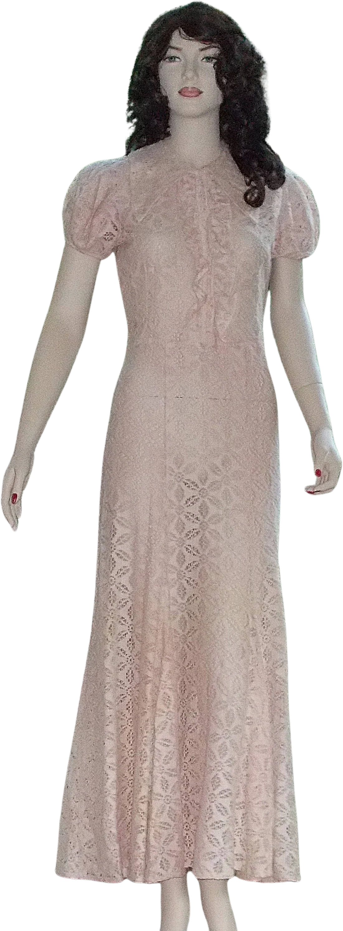 30s Pink Cotton Floral Lace Ankle Length Day Dress