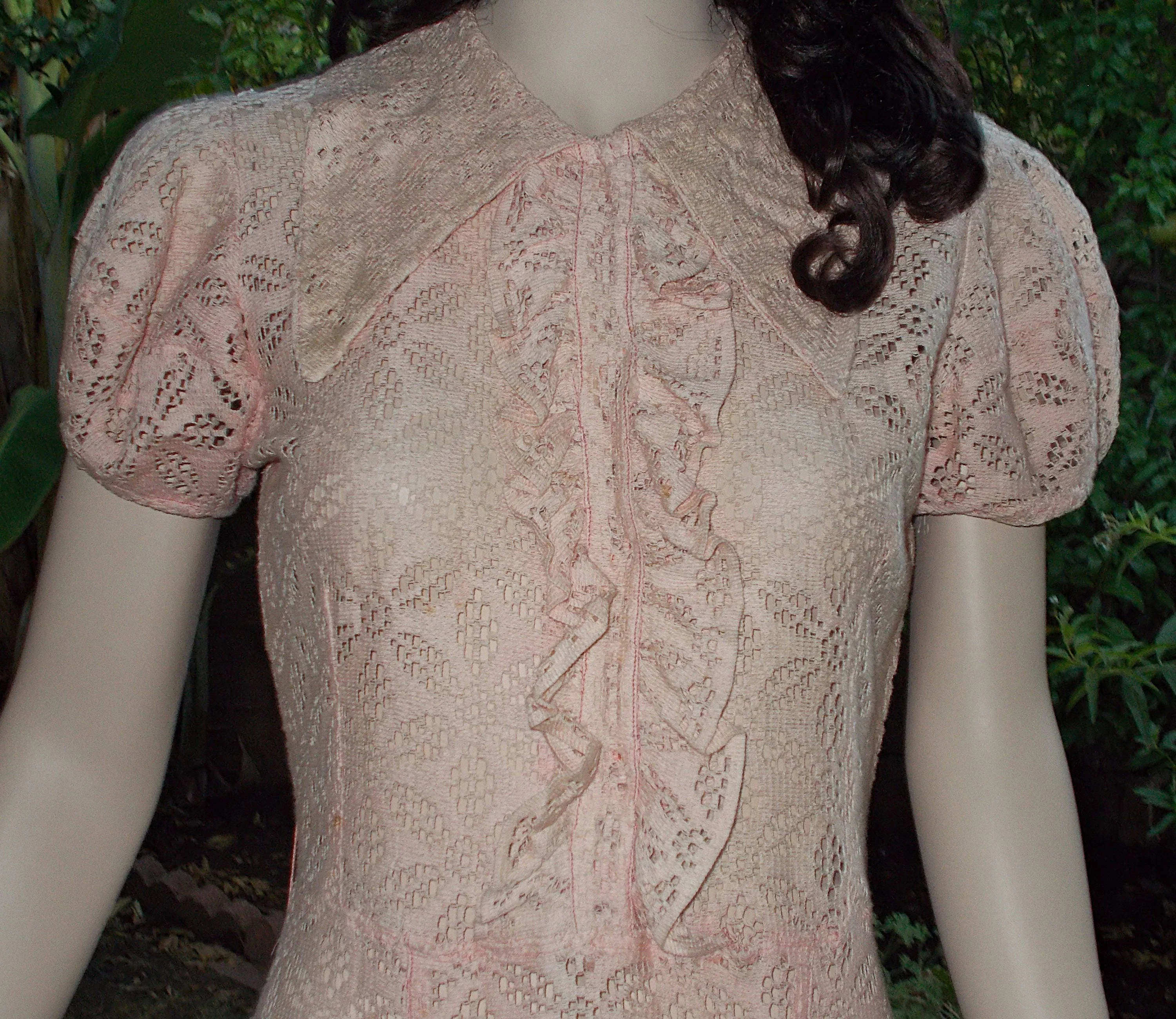 30s Pink Cotton Floral Lace Ankle Length Day Dress - Image 3