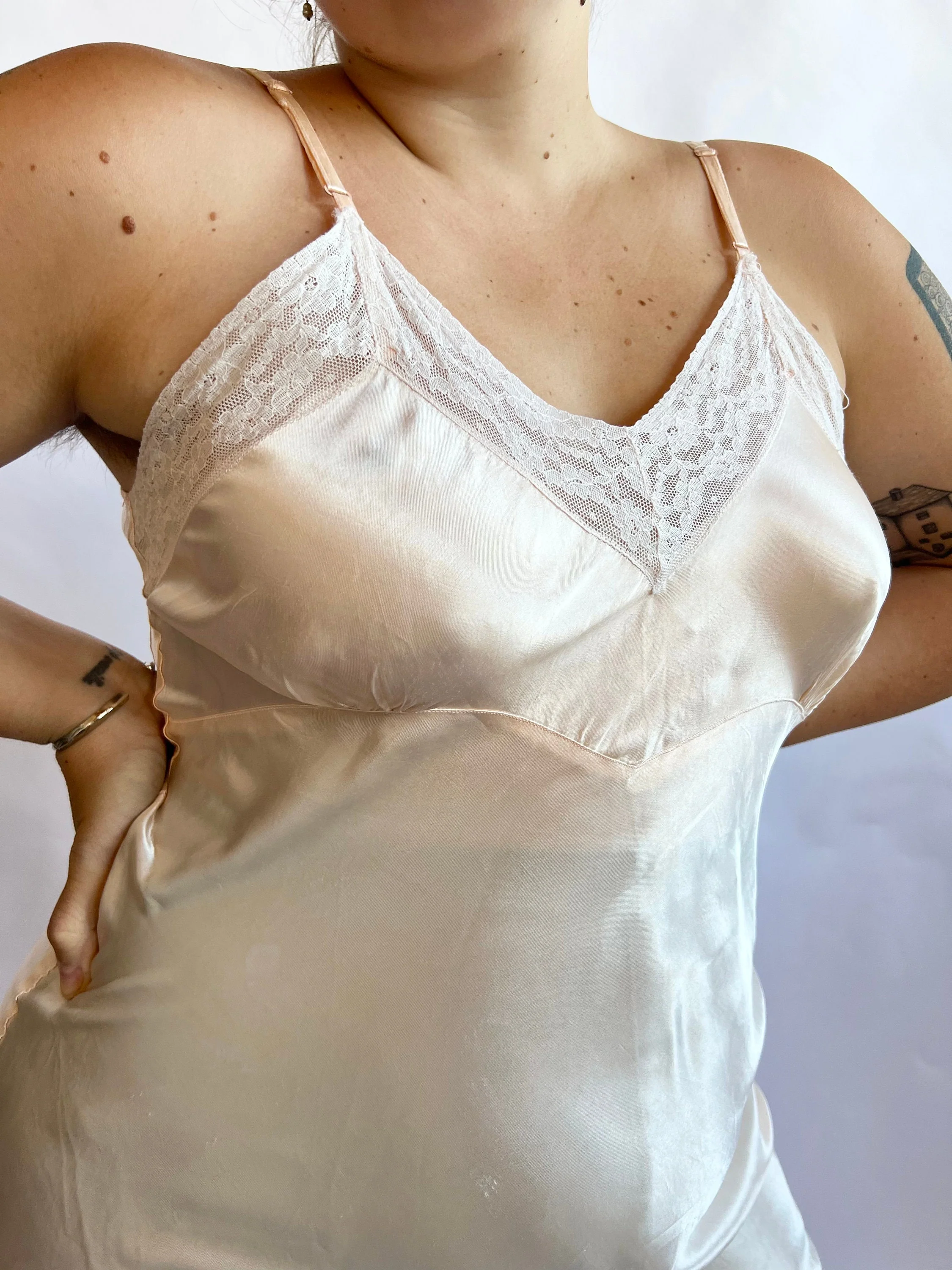 30s Pink Silk Satin Lace Bias Cut Slip Dress - Image 3