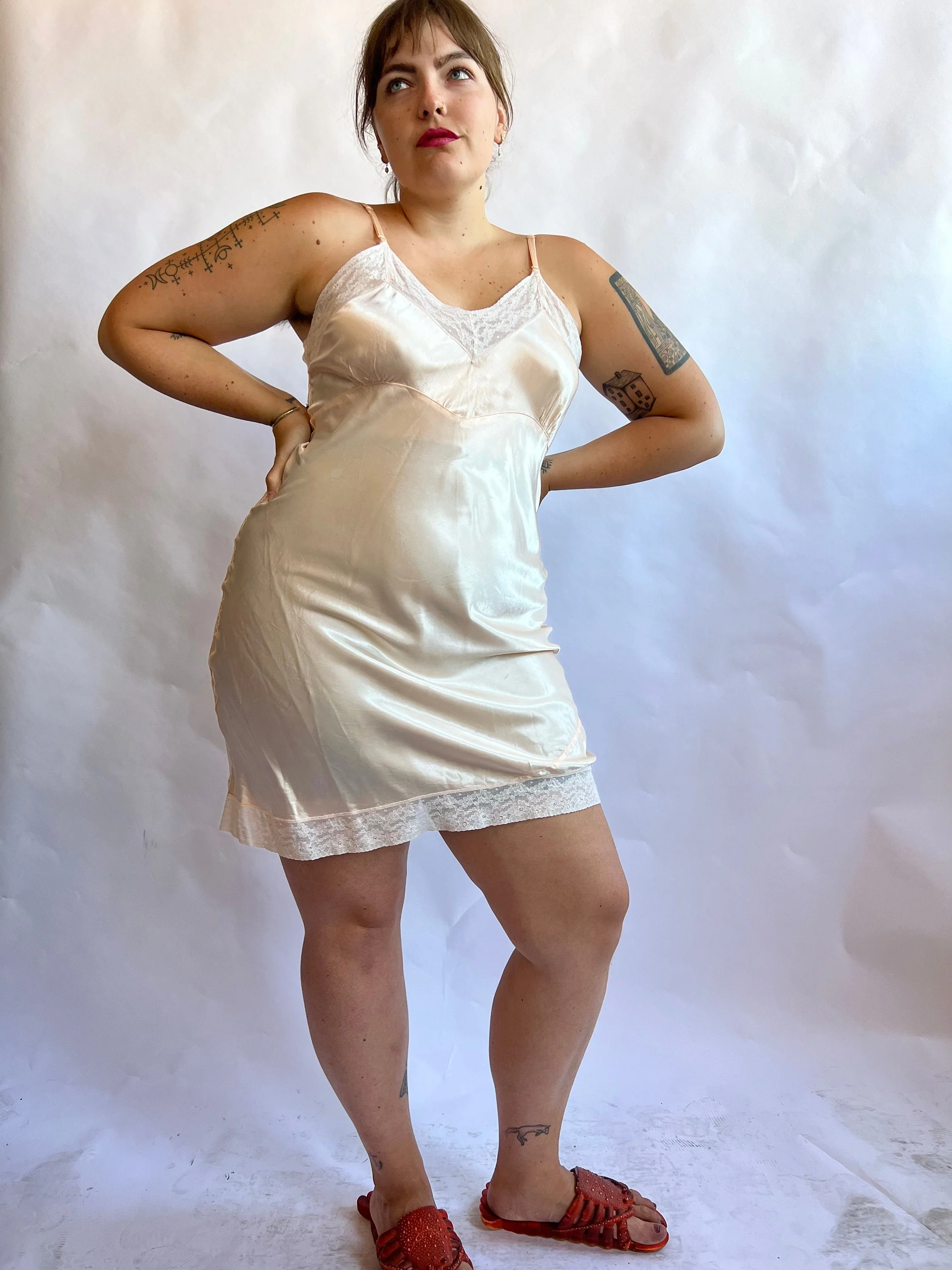 30s Pink Silk Satin Lace Bias Cut Slip Dress - Image 4