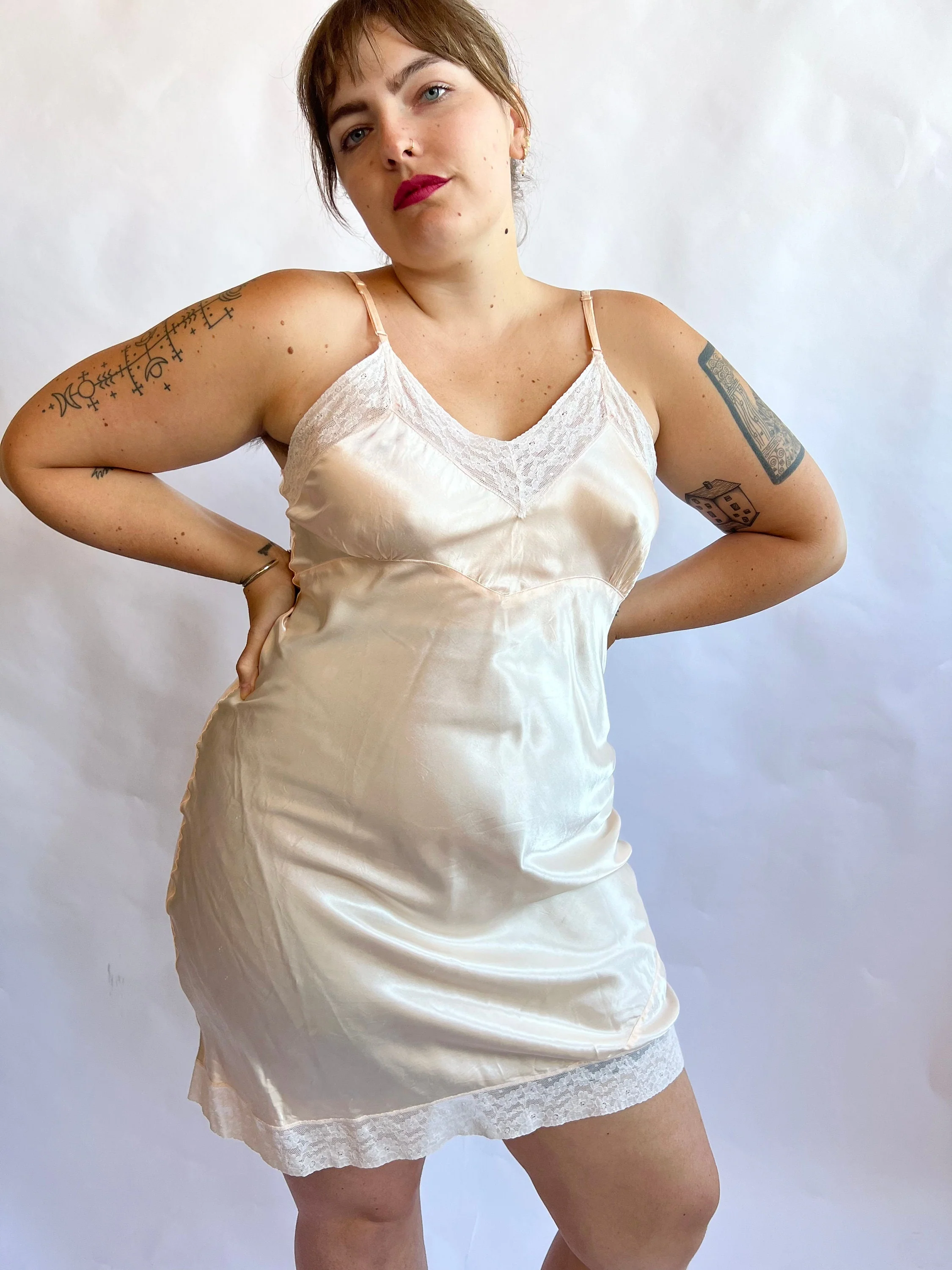 30s Pink Silk Satin Lace Bias Cut Slip Dress - Image 7