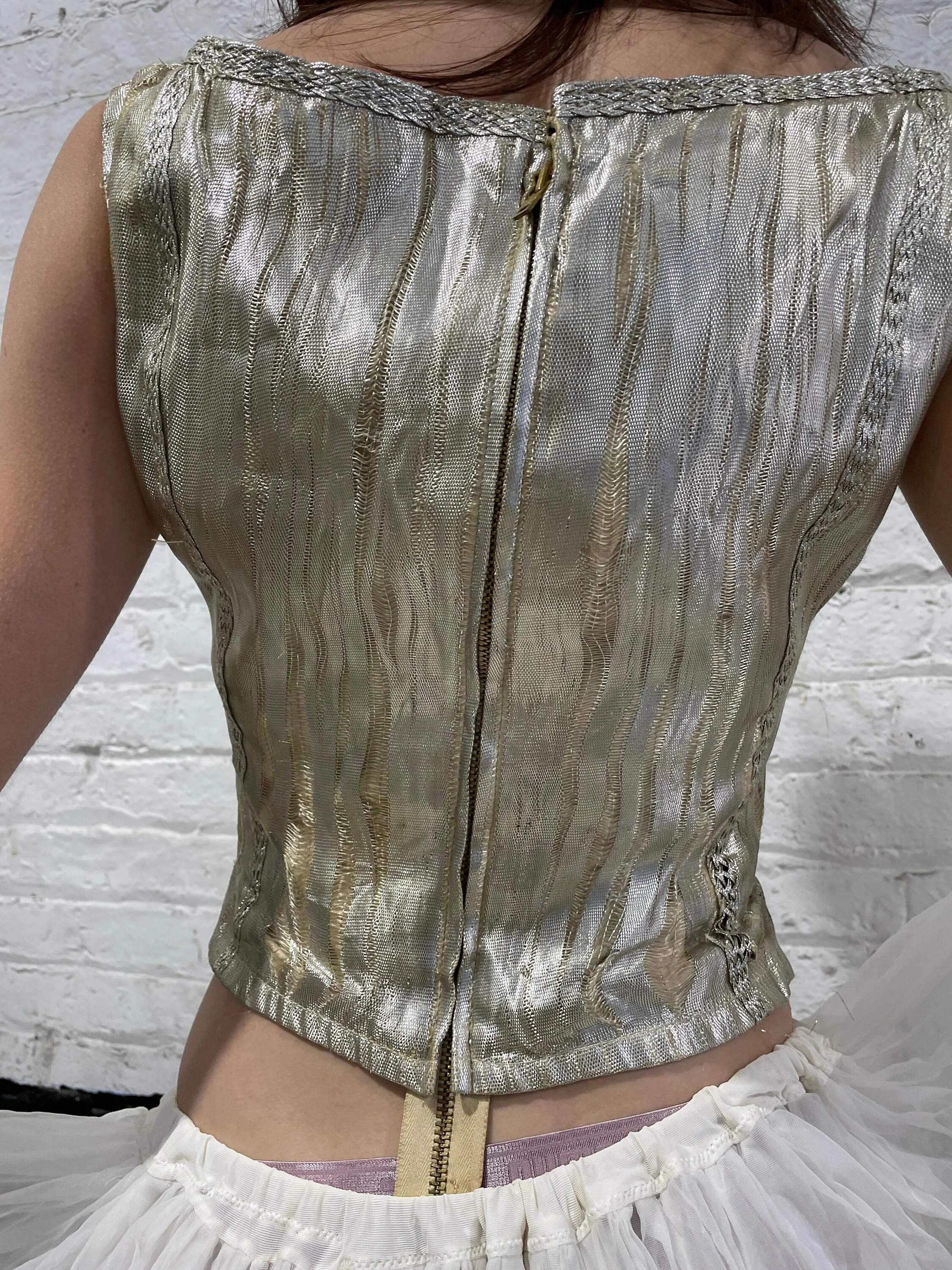 30s Silver Lame Bustier Unique Design with Seven Horizontal Woven Stitches Around The Piece and One Around The Neckline - Image 5