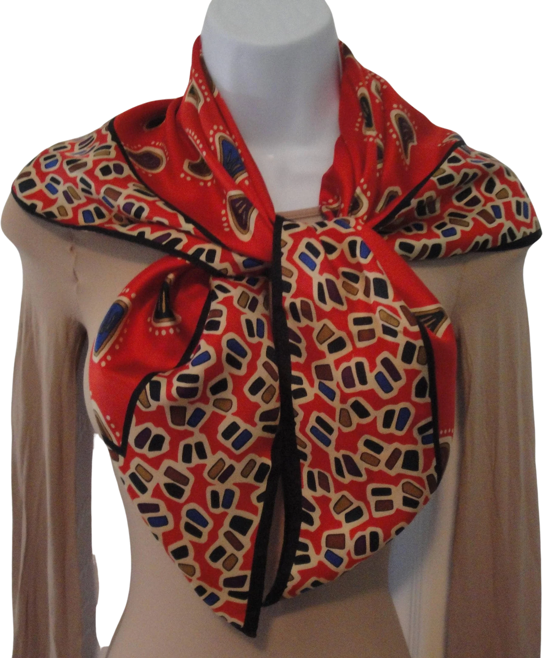 32 by 31 Inch Square Scarf Vintage Red with Tan Brown Purple Blue Geometric Shapes Bonus Scarf Donuts Silk with O Fabric Tag by Anne Klein