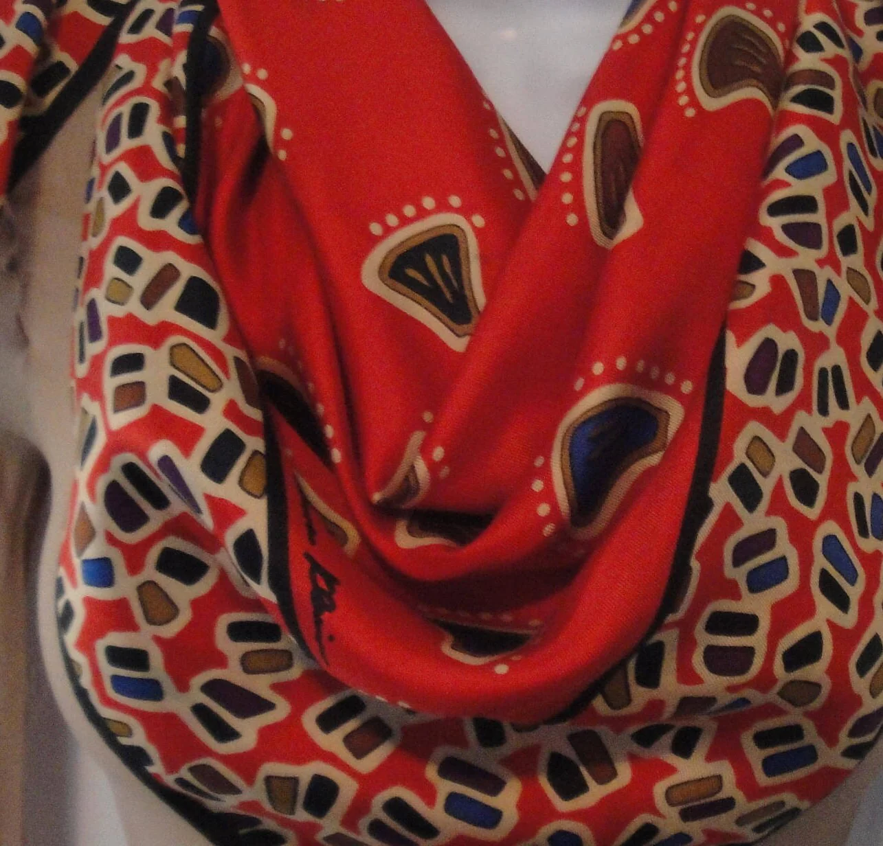 32 by 31 Inch Square Scarf Vintage Red with Tan Brown Purple Blue Geometric Shapes Bonus Scarf Donuts Silk with O Fabric Tag by Anne Klein - Image 10