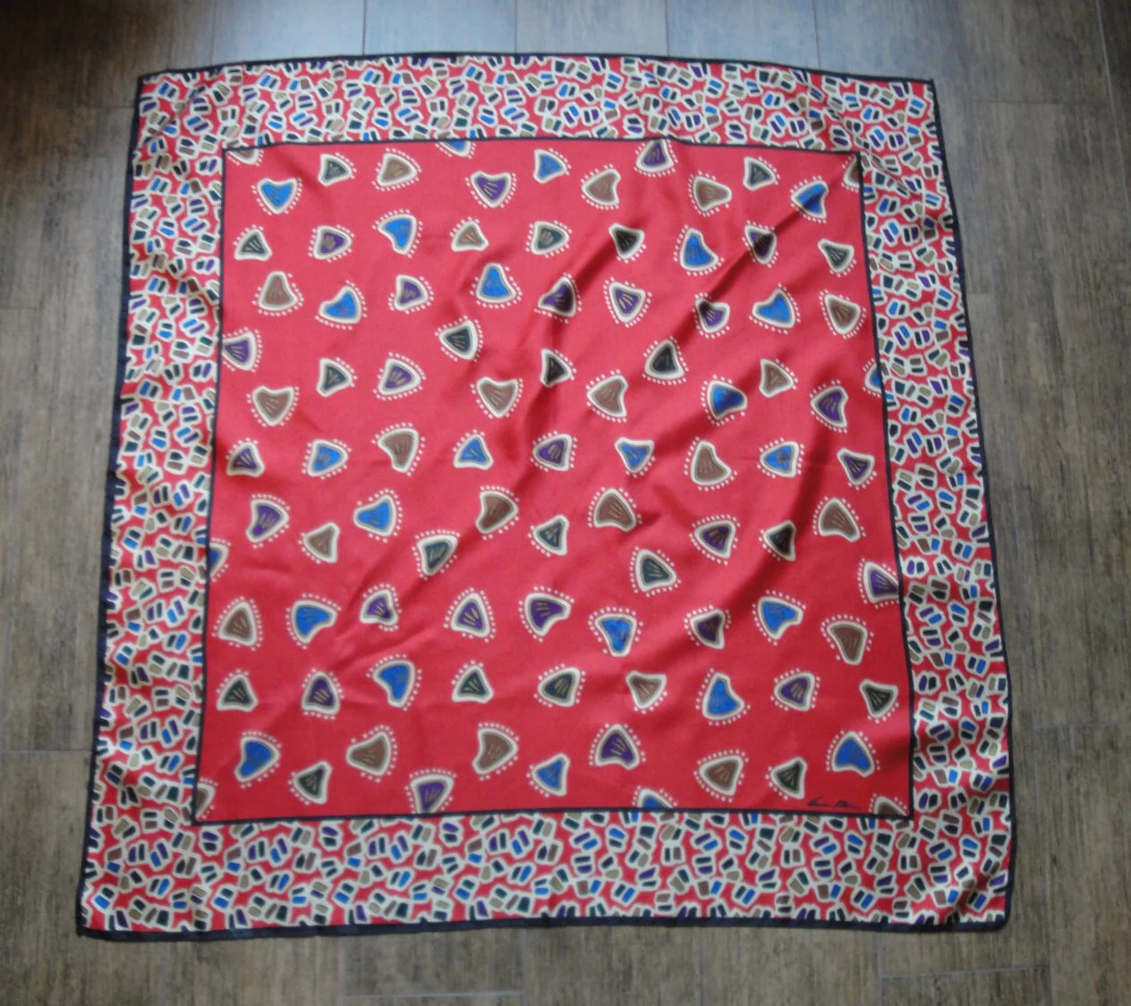 32 by 31 Inch Square Scarf Vintage Red with Tan Brown Purple Blue Geometric Shapes Bonus Scarf Donuts Silk with O Fabric Tag by Anne Klein - Image 2