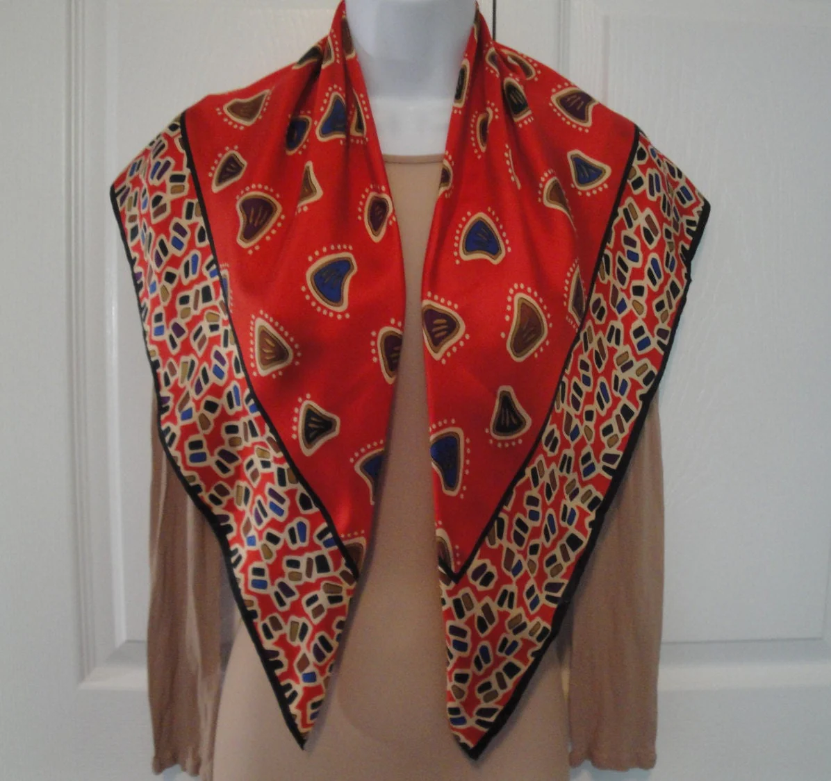 32 by 31 Inch Square Scarf Vintage Red with Tan Brown Purple Blue Geometric Shapes Bonus Scarf Donuts Silk with O Fabric Tag by Anne Klein - Image 3