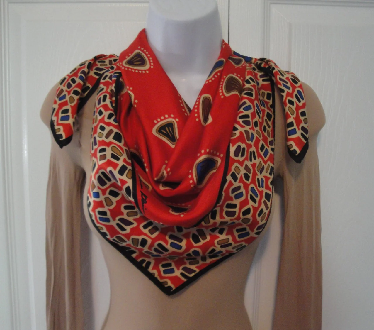 32 by 31 Inch Square Scarf Vintage Red with Tan Brown Purple Blue Geometric Shapes Bonus Scarf Donuts Silk with O Fabric Tag by Anne Klein - Image 4