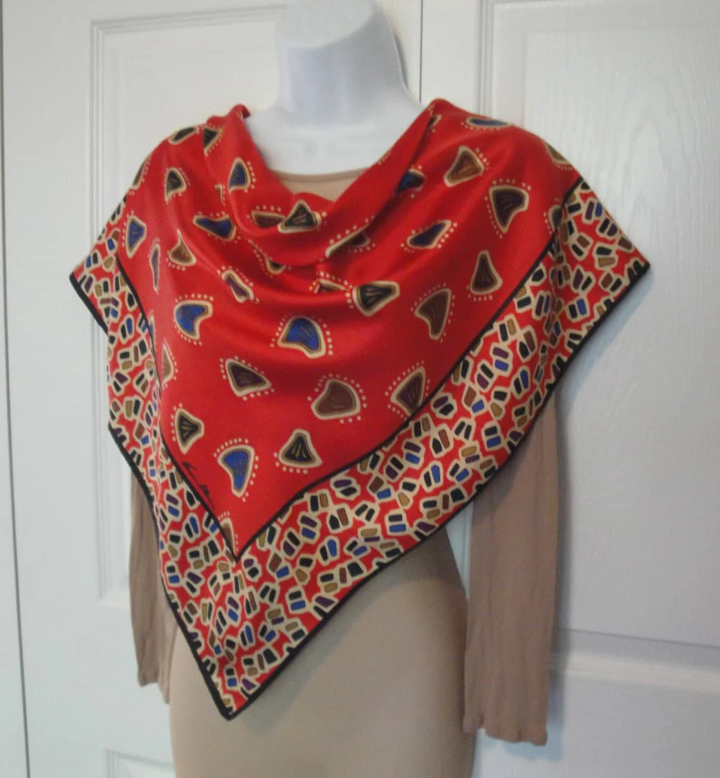 32 by 31 Inch Square Scarf Vintage Red with Tan Brown Purple Blue Geometric Shapes Bonus Scarf Donuts Silk with O Fabric Tag by Anne Klein - Image 5