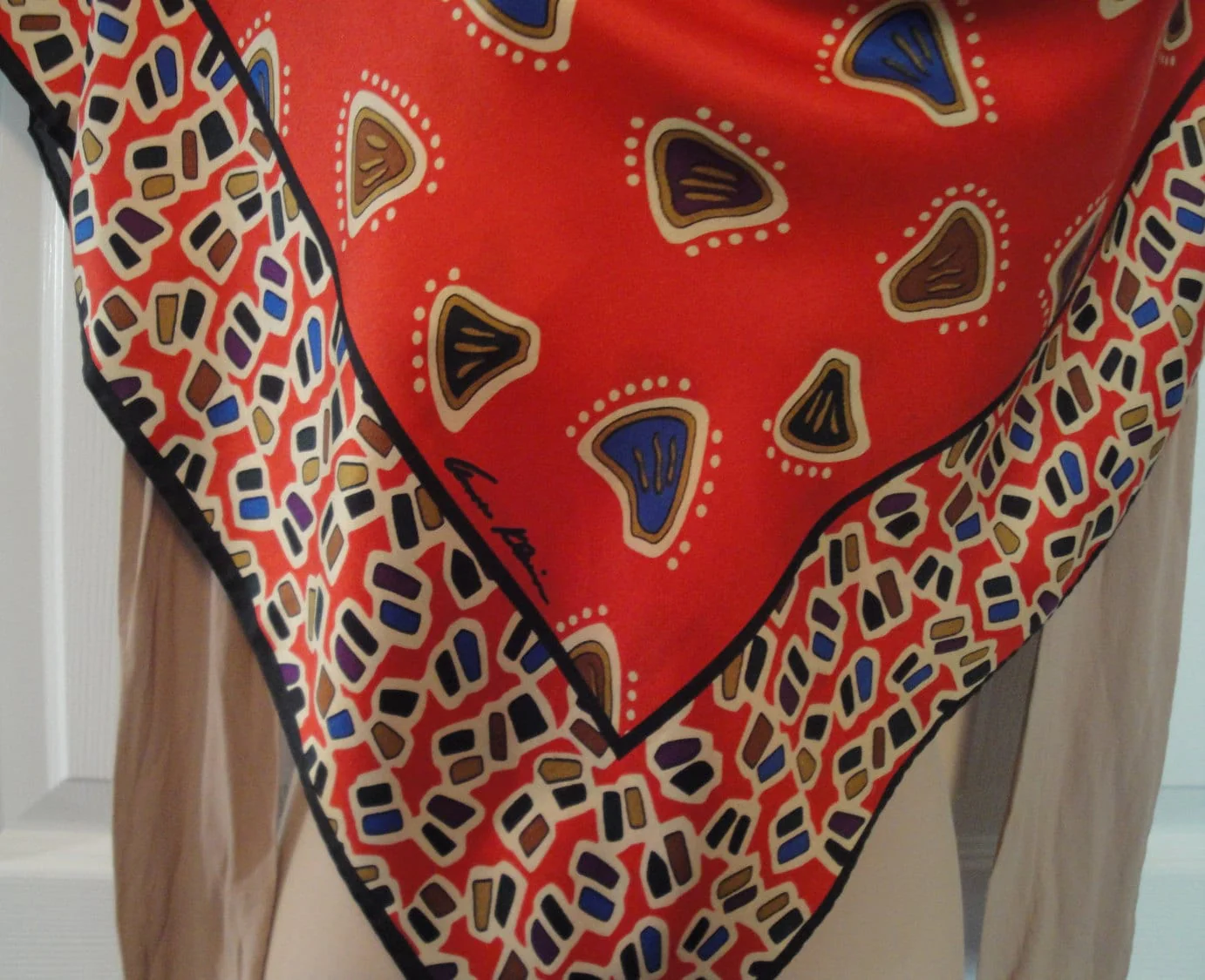 32 by 31 Inch Square Scarf Vintage Red with Tan Brown Purple Blue Geometric Shapes Bonus Scarf Donuts Silk with O Fabric Tag by Anne Klein - Image 6