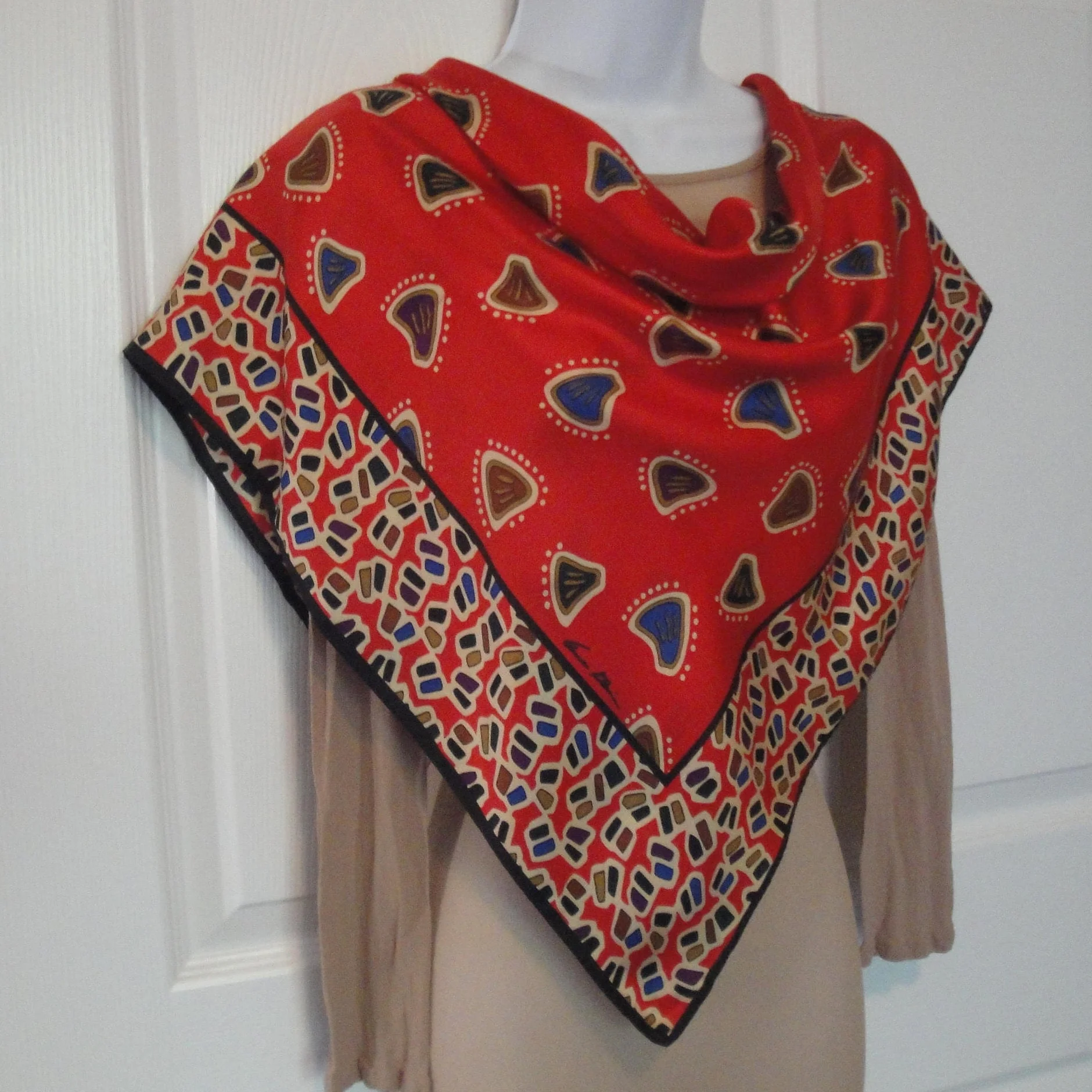 32 by 31 Inch Square Scarf Vintage Red with Tan Brown Purple Blue Geometric Shapes Bonus Scarf Donuts Silk with O Fabric Tag by Anne Klein - Image 7