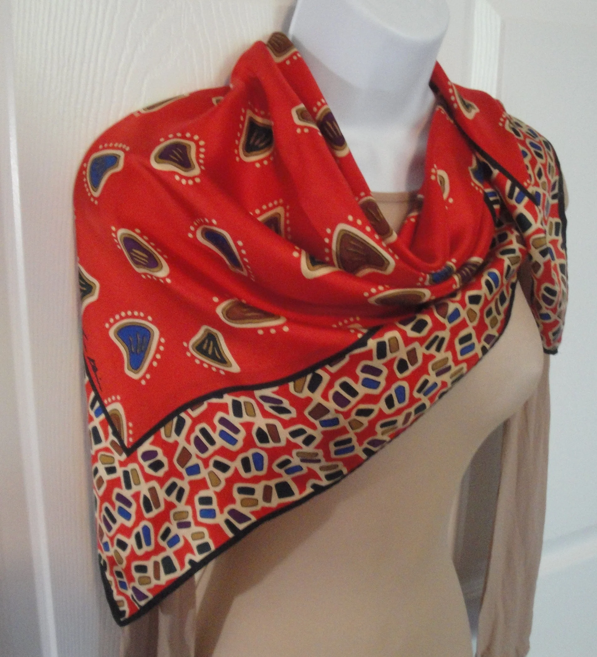 32 by 31 Inch Square Scarf Vintage Red with Tan Brown Purple Blue Geometric Shapes Bonus Scarf Donuts Silk with O Fabric Tag by Anne Klein - Image 8