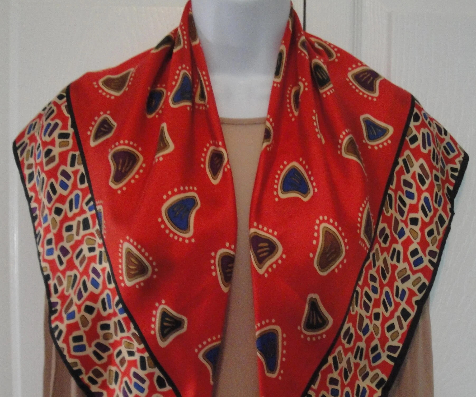 32 by 31 Inch Square Scarf Vintage Red with Tan Brown Purple Blue Geometric Shapes Bonus Scarf Donuts Silk with O Fabric Tag by Anne Klein - Image 9