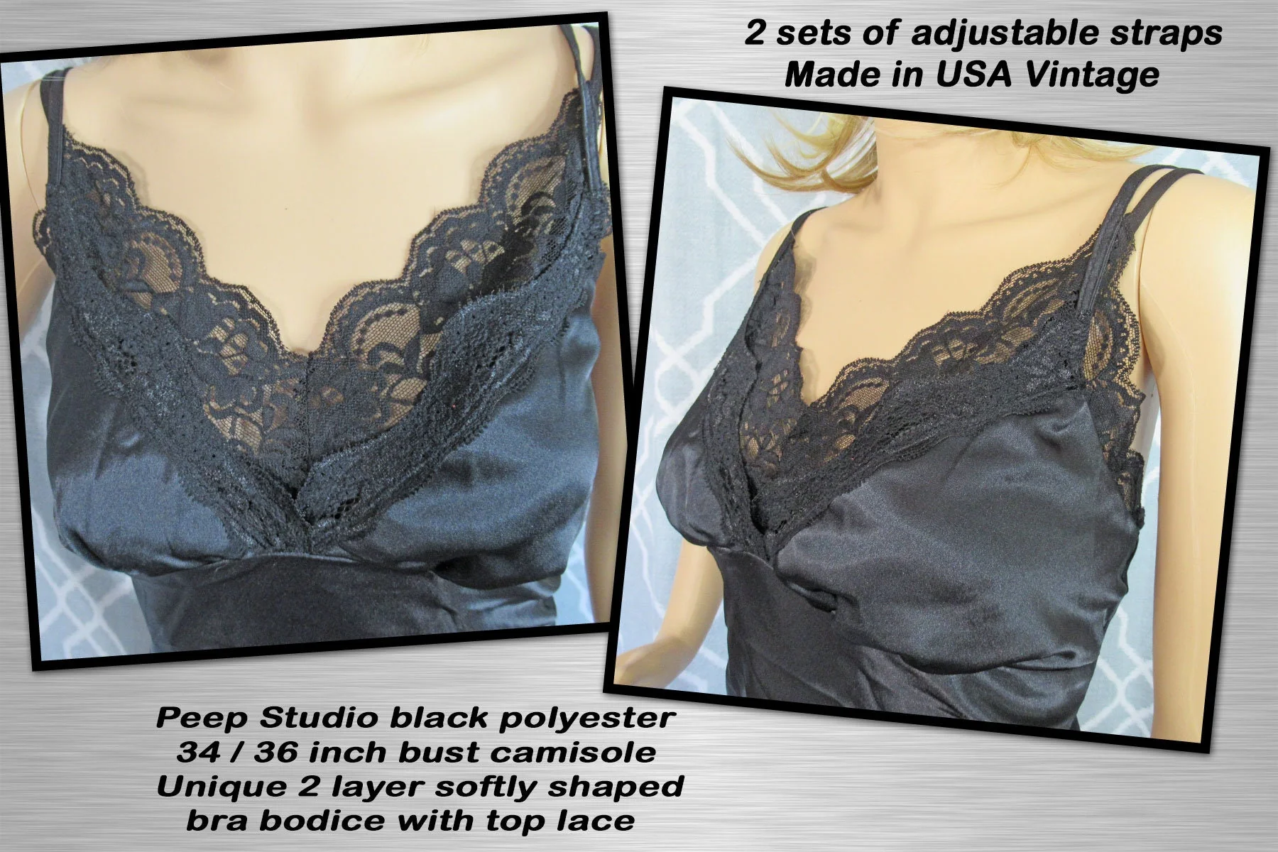 34/36 Bust Camisole Unique 2 Layer Softly Shaped Bra Bodice with Lace, Adjustable Straps, Peep Studio Black Polyester, Made In Usa Vtg - Image 2