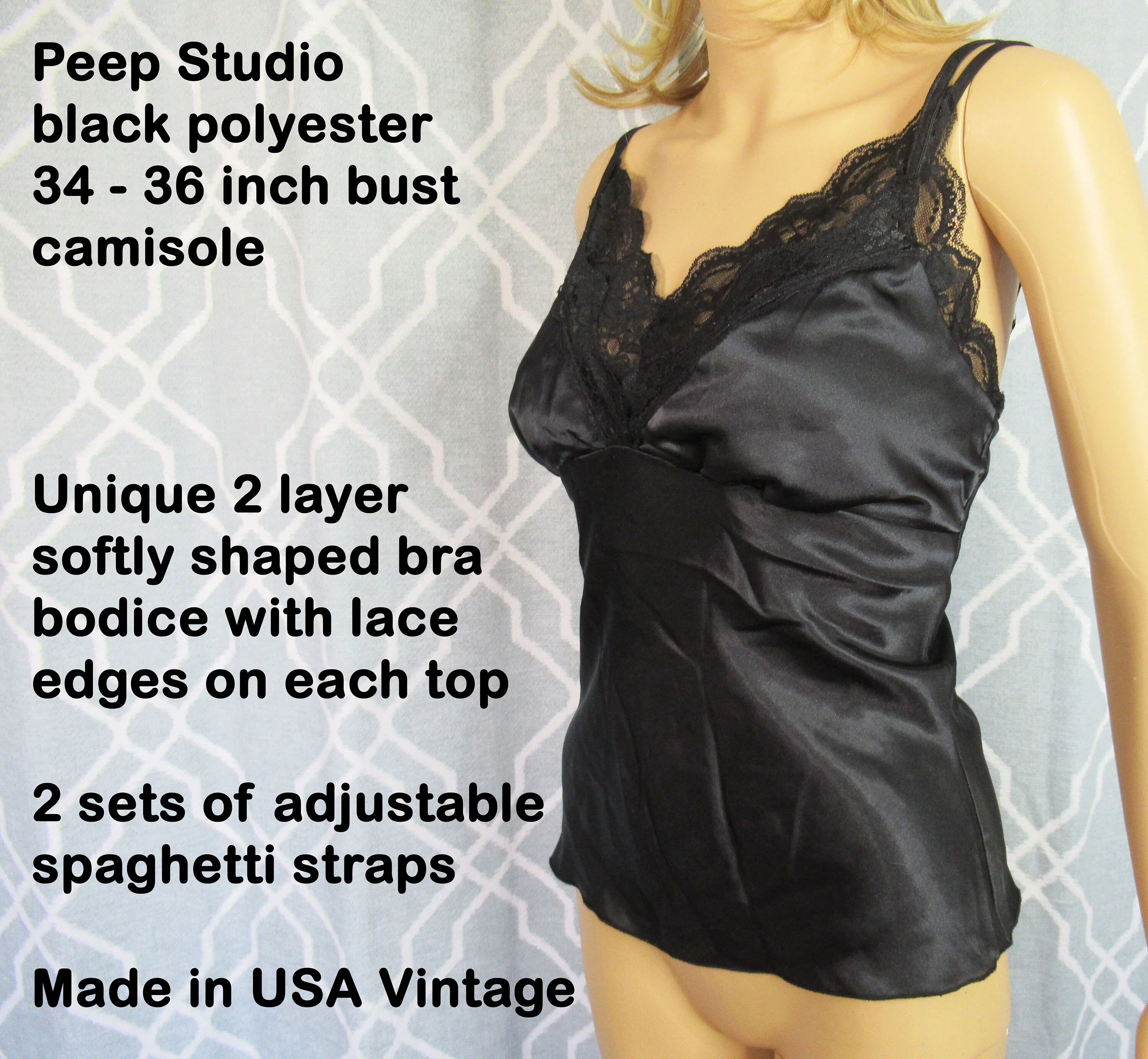 34/36 Bust Camisole Unique 2 Layer Softly Shaped Bra Bodice with Lace, Adjustable Straps, Peep Studio Black Polyester, Made In Usa Vtg - Image 3